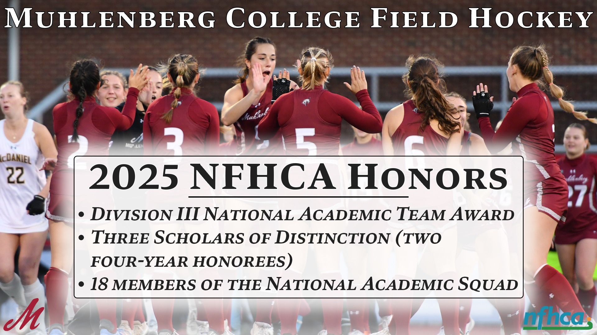 members of a field hockey team in red uniforms giving high fives with a text box listing the academic honors