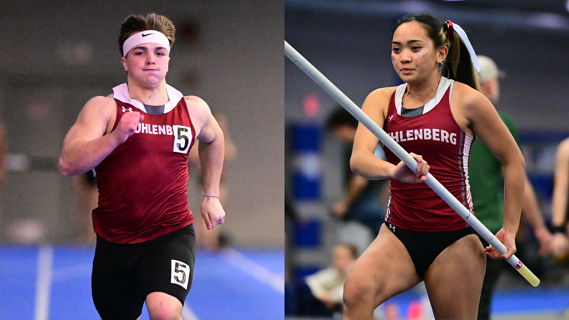 a male runner at left and a female pole vaulter at right, both wearing red jerseys