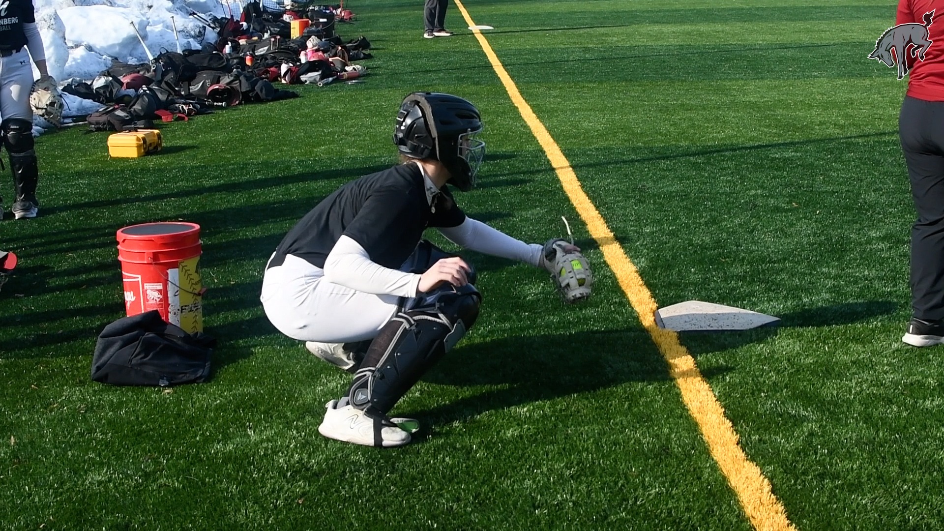 a side view of a softball player in catcher's gear on a green turf field