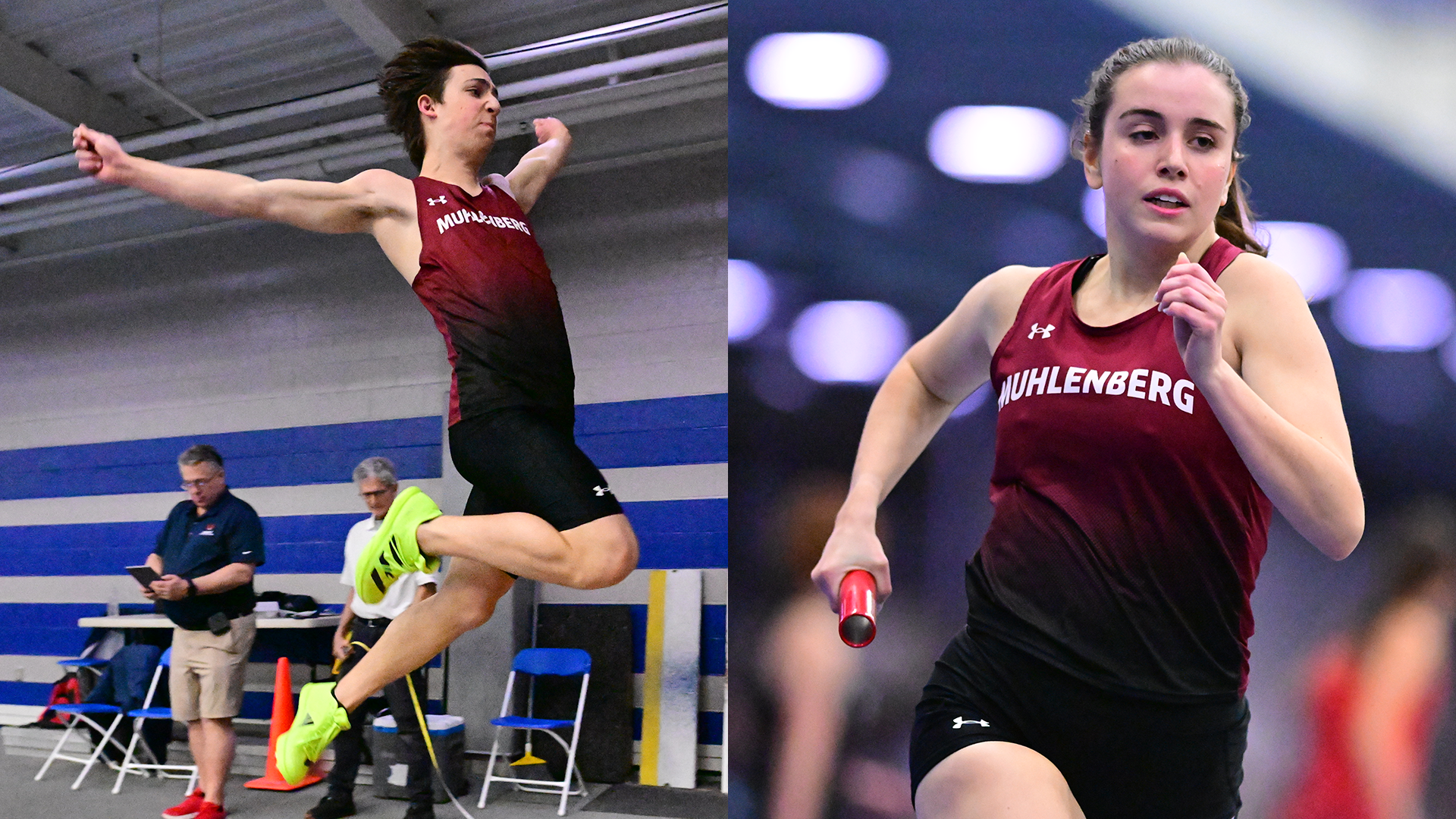 at left, a male long jump mid-air, and at right a female runner holding a relay baton, both wearing red uniforms