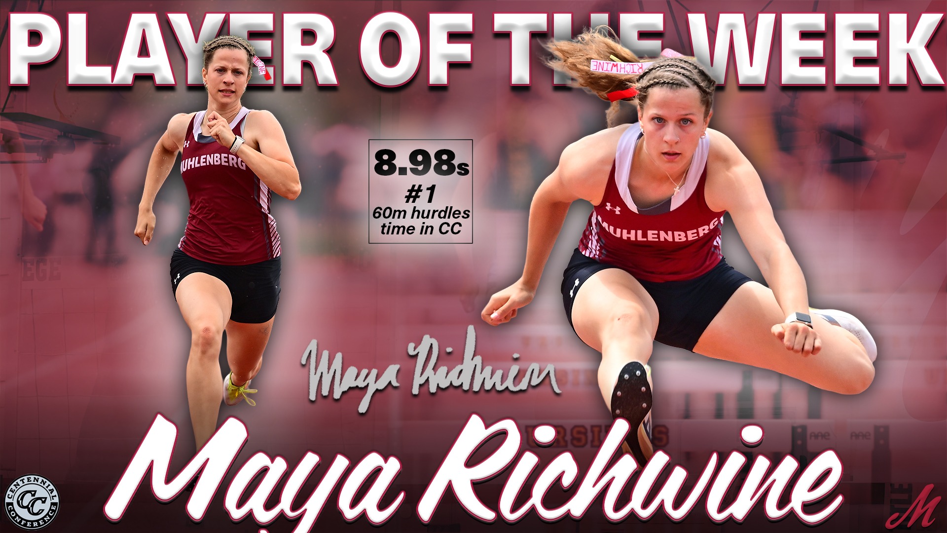 A Player of the Week graphic featuring Muhlenberg track athlete Maya Richwine competing in hurdles.