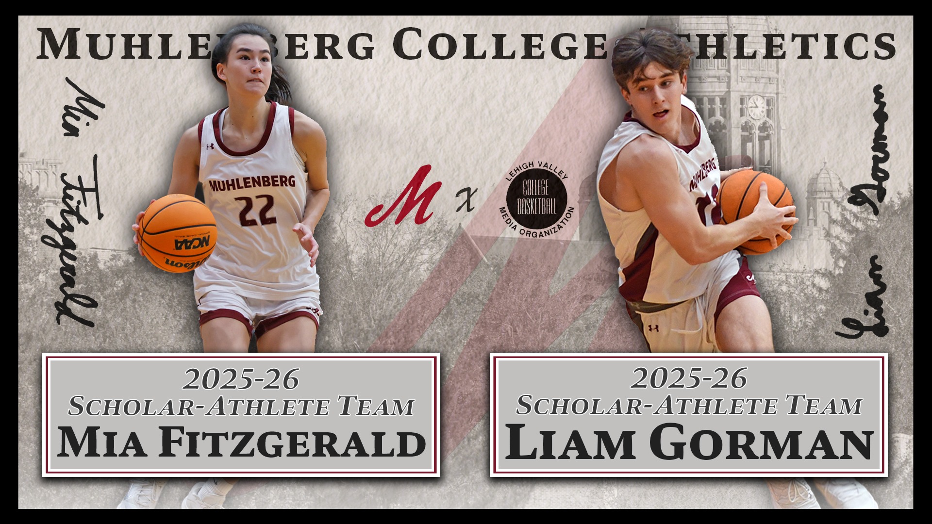 A graphic highlighting two basketball players recognized as 2025–26 Scholar-Athletes, superimposed on a white background. 
