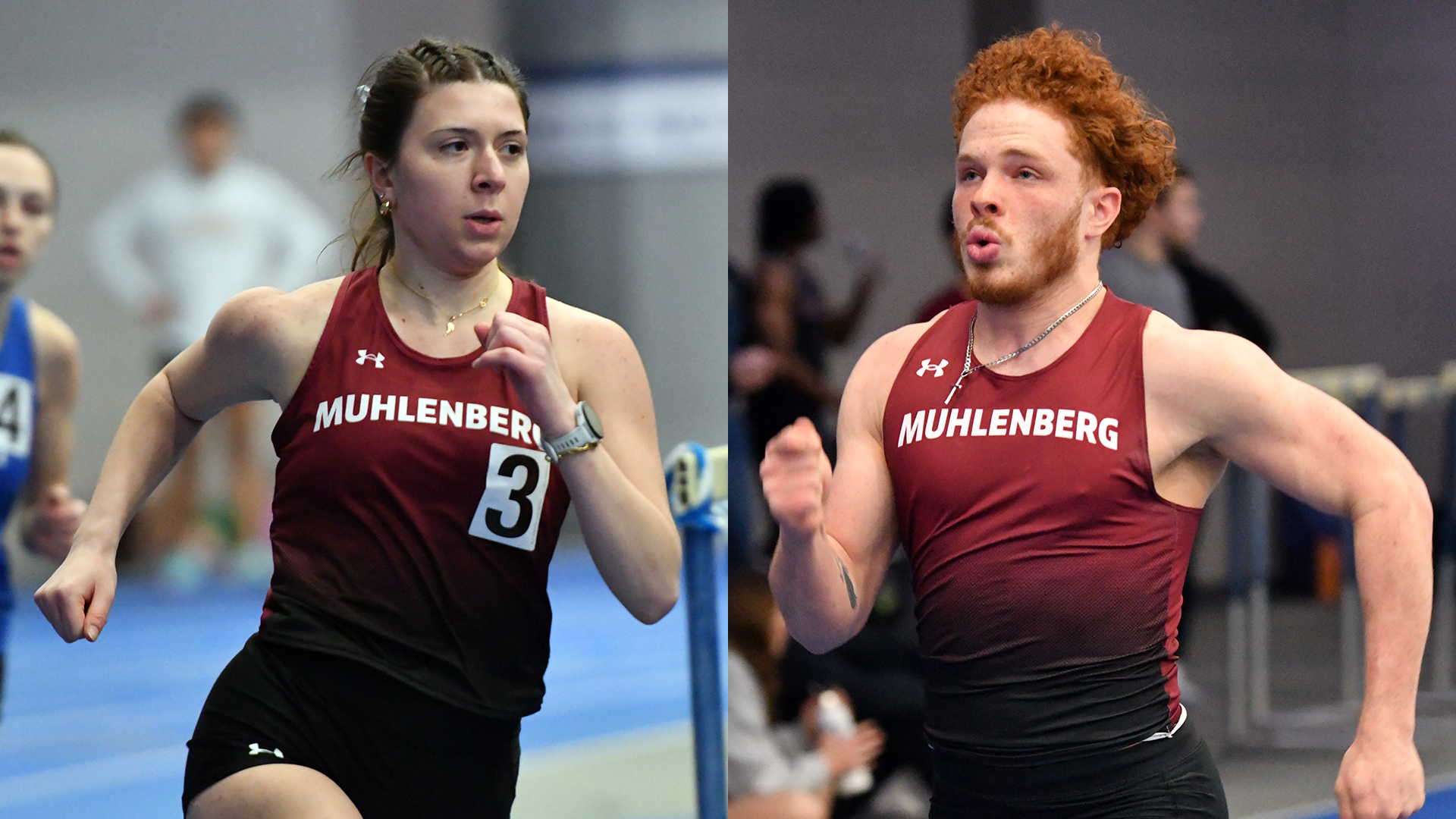 two track athletes in red jerseys, a female on the left and a male on the right
