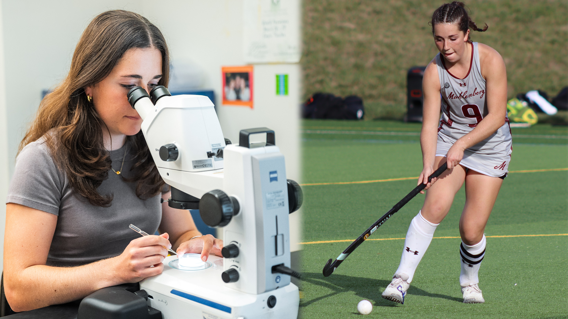 at left, a woman looking into a microscope in a lab, and at right, the same woman dribbling a field hockey ball while wearing a grey uniform