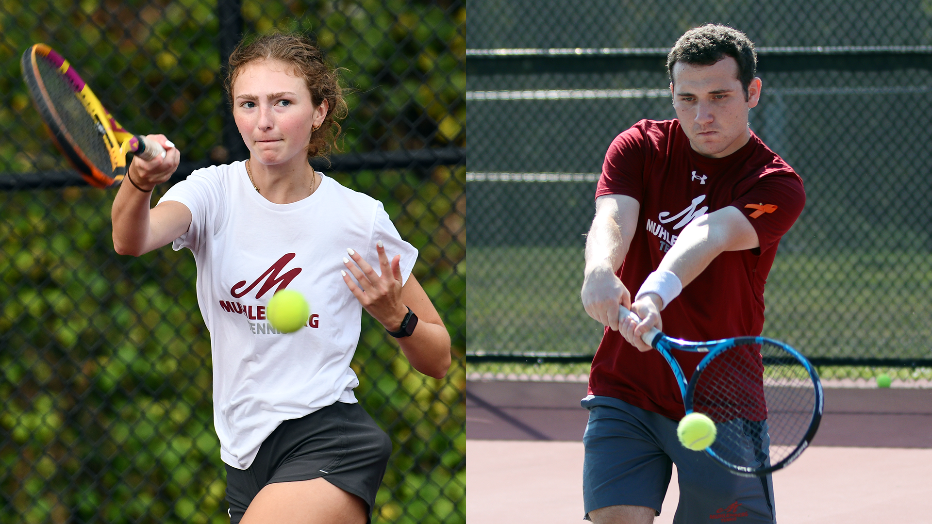 at left, a women's tennis player in a white shirt and black shorts hitting a forehand, and at right, a men's tennis player in a red shirt and grey shorts hitting a two-handed backhand