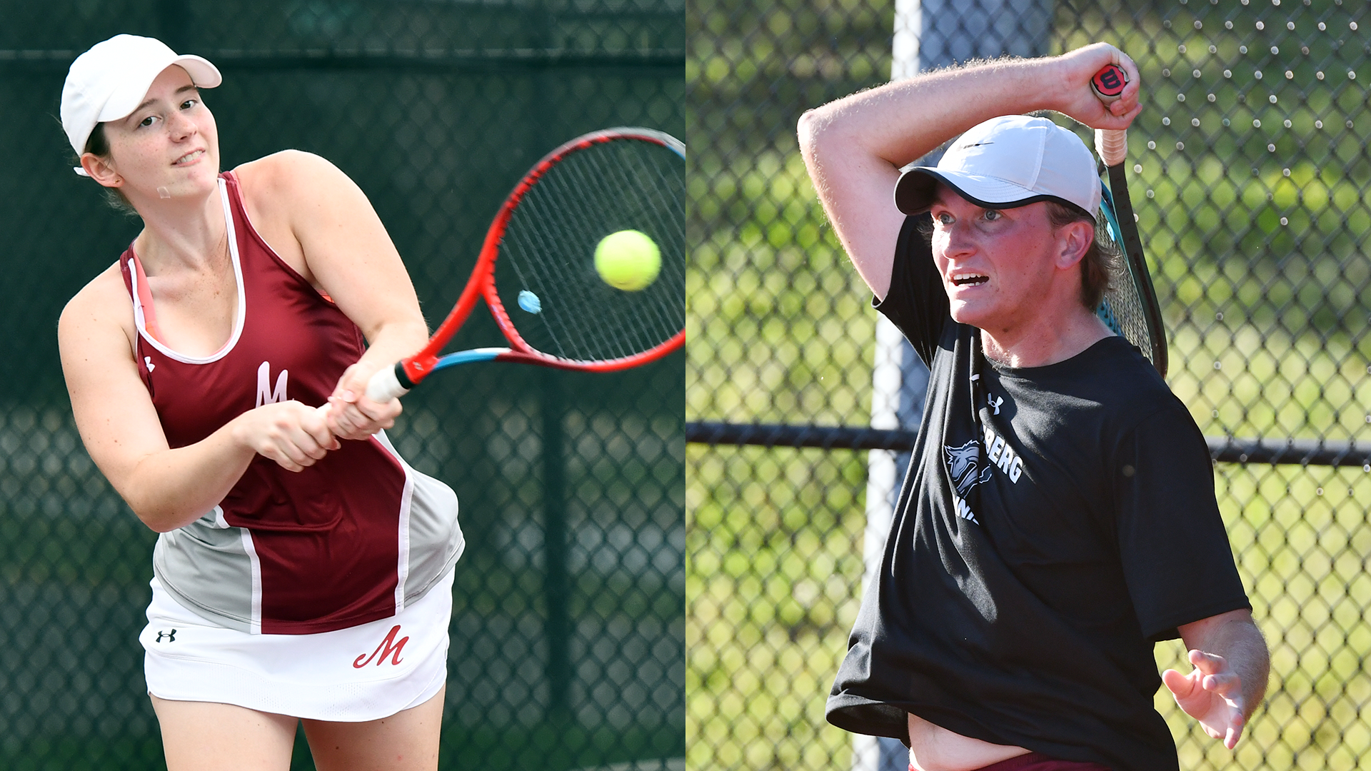 at left, a women's tennis player in a red jersey and white skirt with the ball on her racket, and at right a men's player in a black shirt and white hat following through on a shot