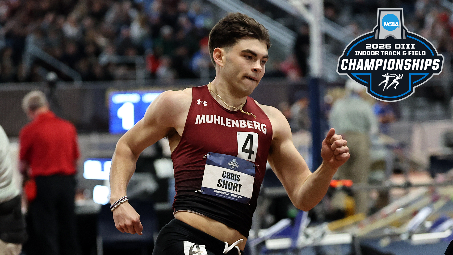 a runner in a red jersey and black shorts wearing a bib reading Chris Short in blue on a white background