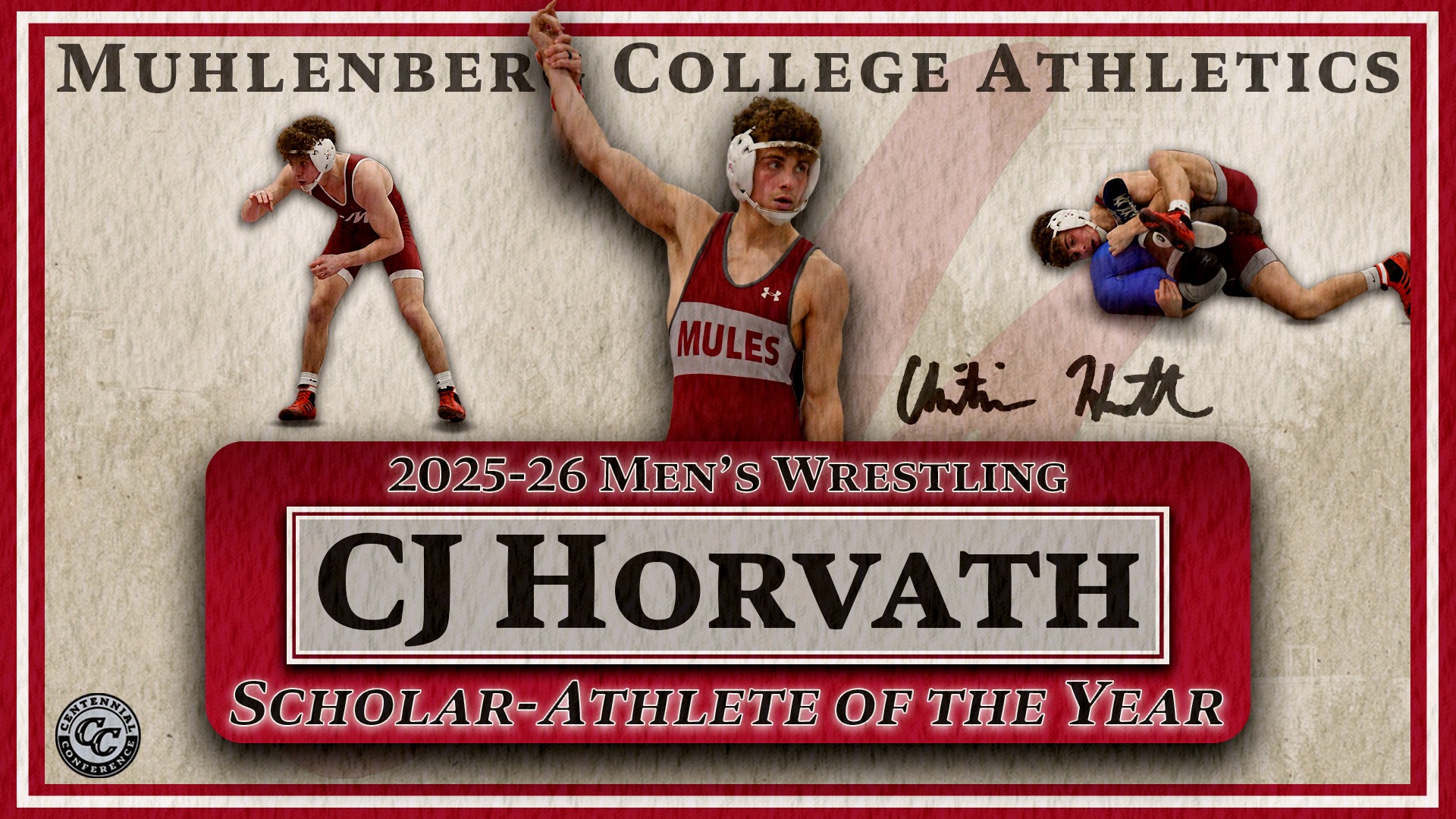 three cutouts of a wrestler in a red singlet against a light textured background with the text Scholar-Athlete of the Year in a white box with a red border