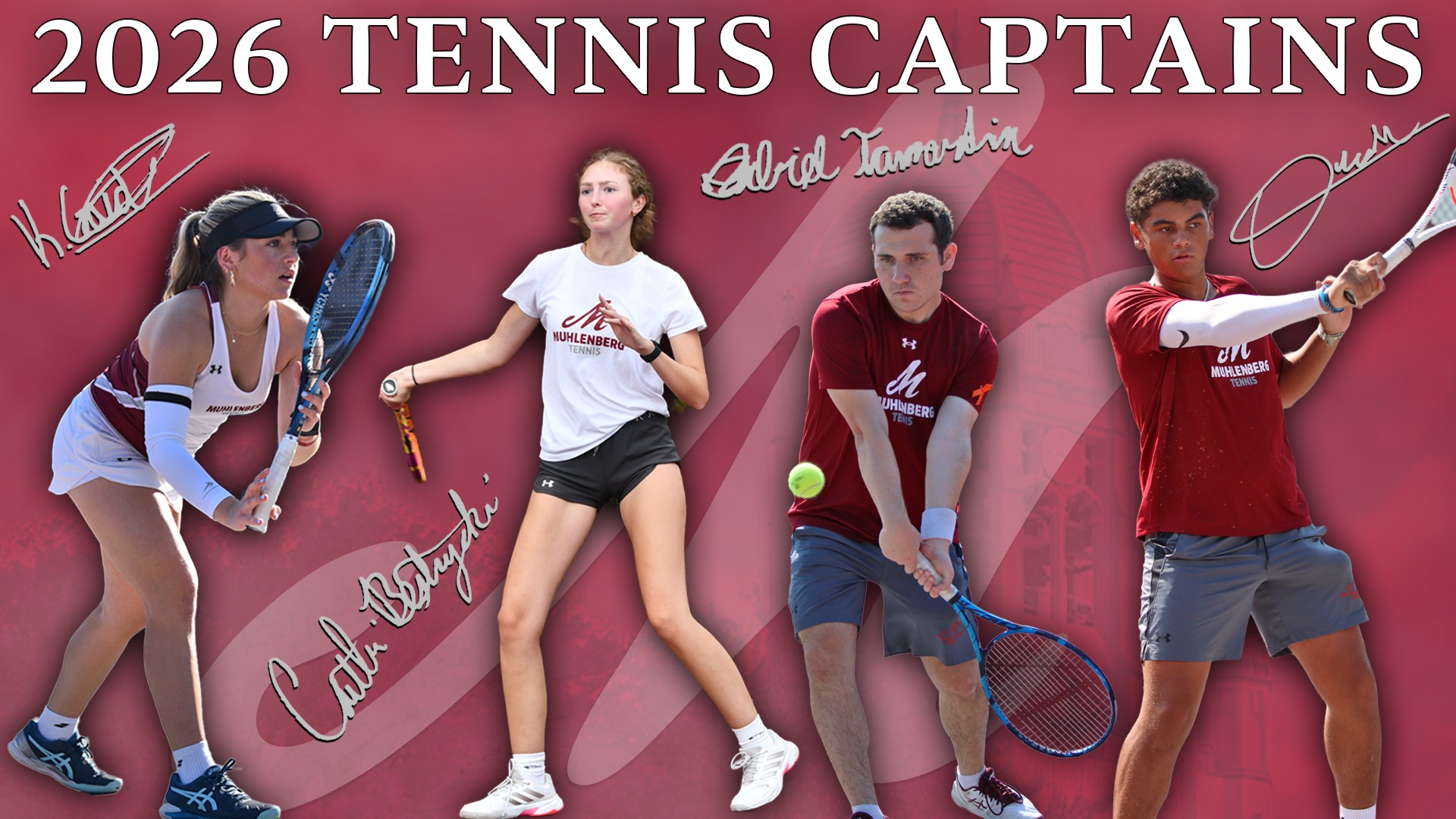 cutouts of four tennis players in a row, two women at left and two men at right, against a red background, with the text 2026 Tennis Captains at top