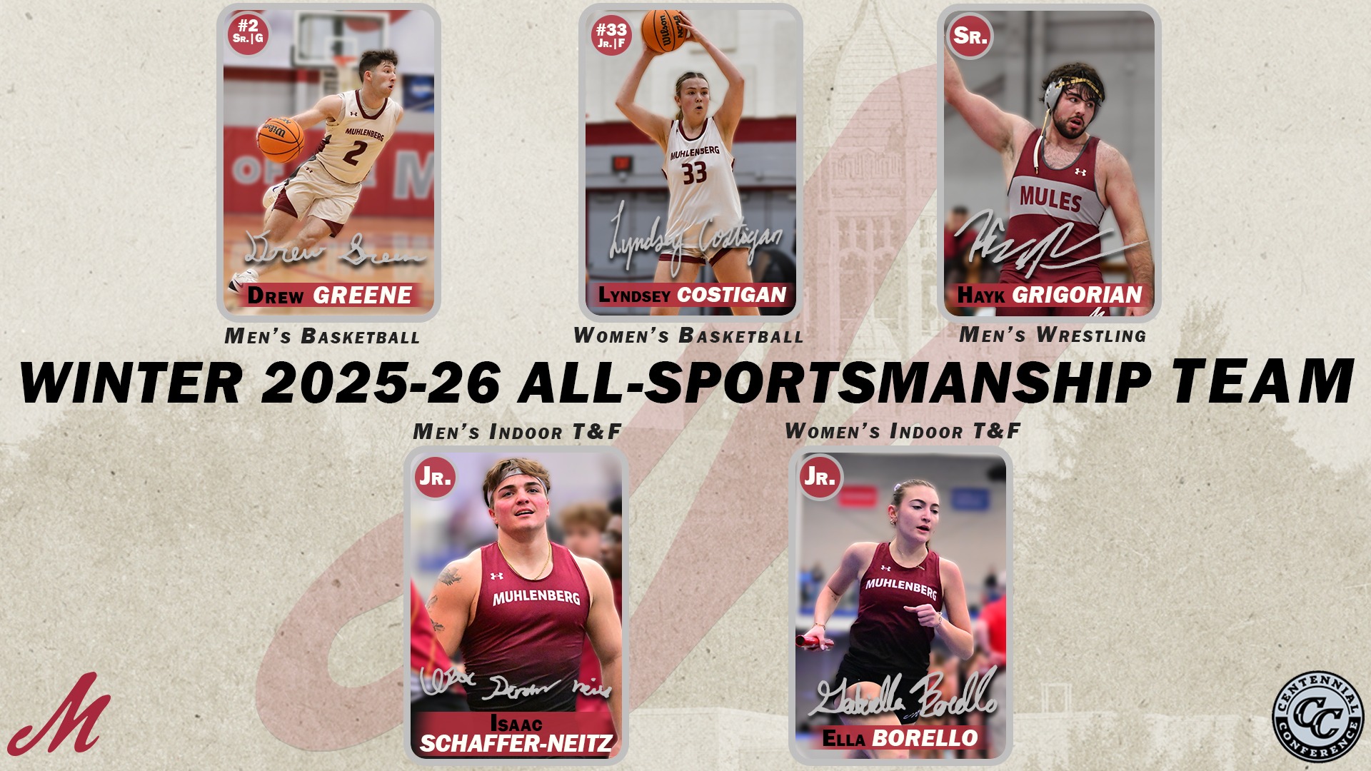 a graphic announces the Winter 2025-26 All-Sportsmanship Team, featuring five Muhlenberg College student-athletes from basketball, wrestling, and indoor track & field.