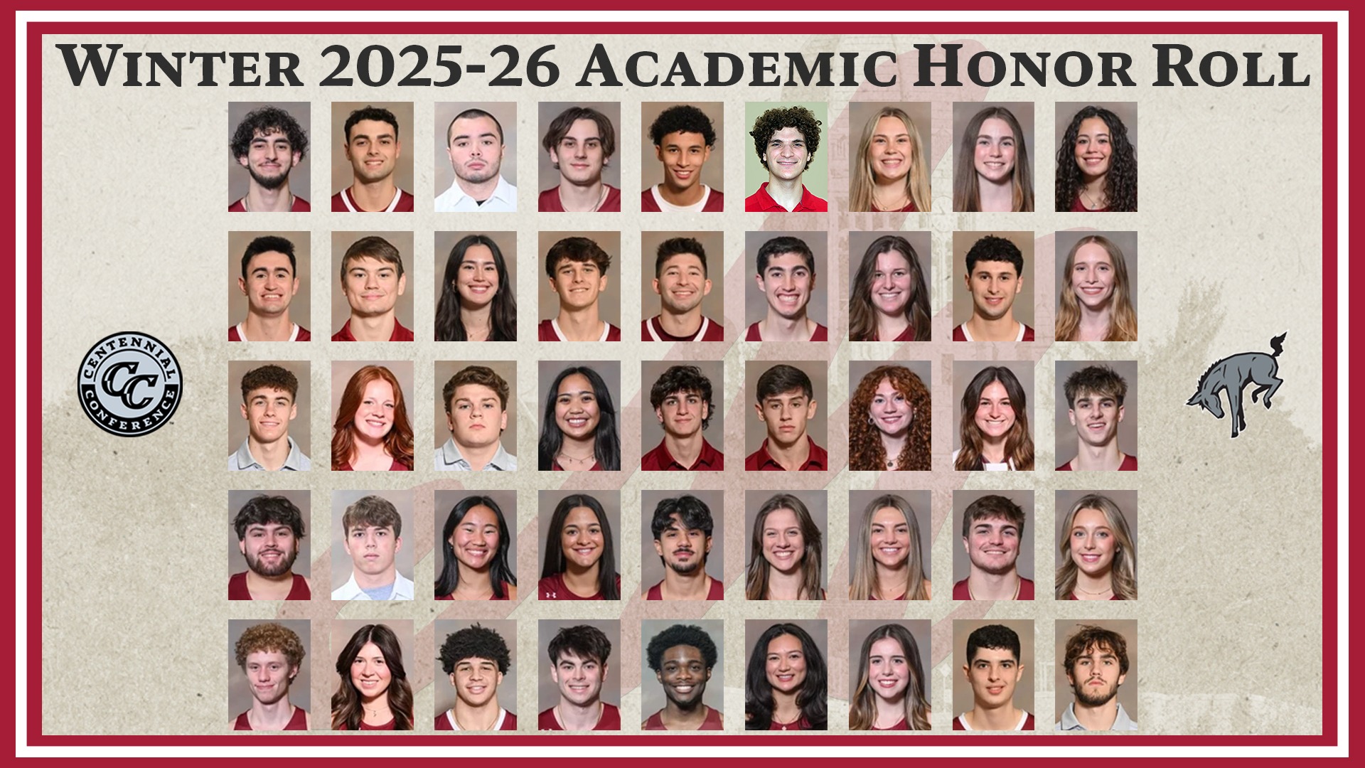 head shots of 45 athletes, in five rows of nine, against a light textured background with the text Winter 2025-26 Academic Honor Roll across the top