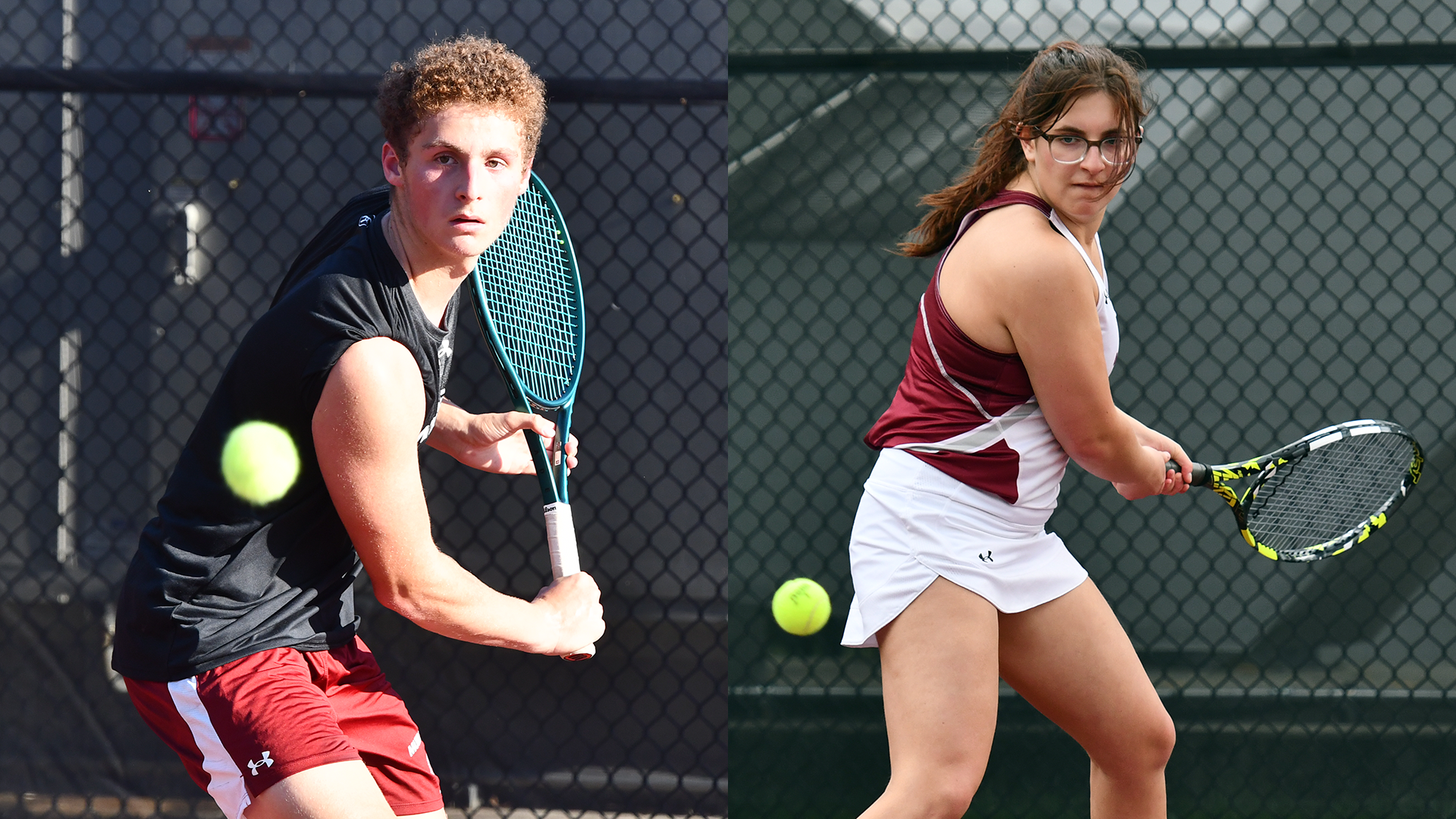 at left, a men's player in a black shirt and red shorts lining up a backhand, and at left, a women's player in a red-and-white shirt and white skirt lining up a backhand