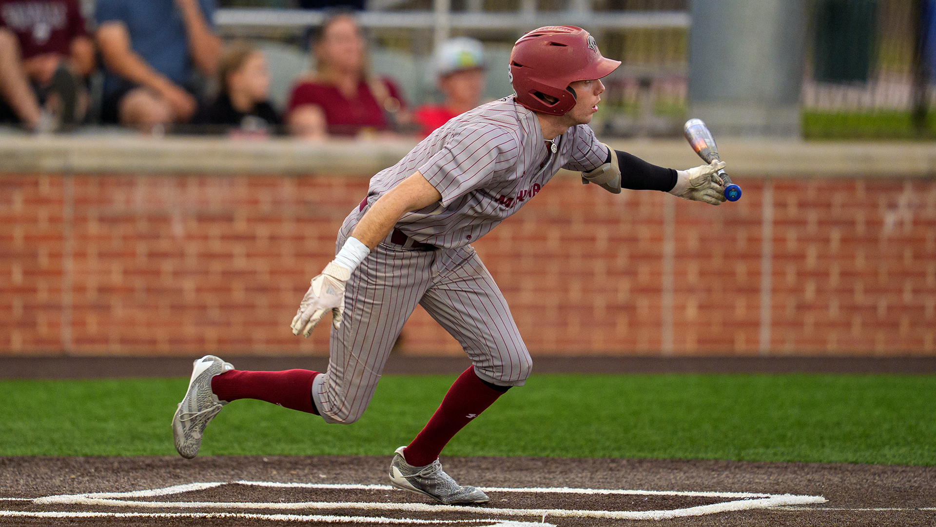 a baseball batter in a grey pinstriped jersey and red helmet letting go of his bat with his left hand as he starts running to first base