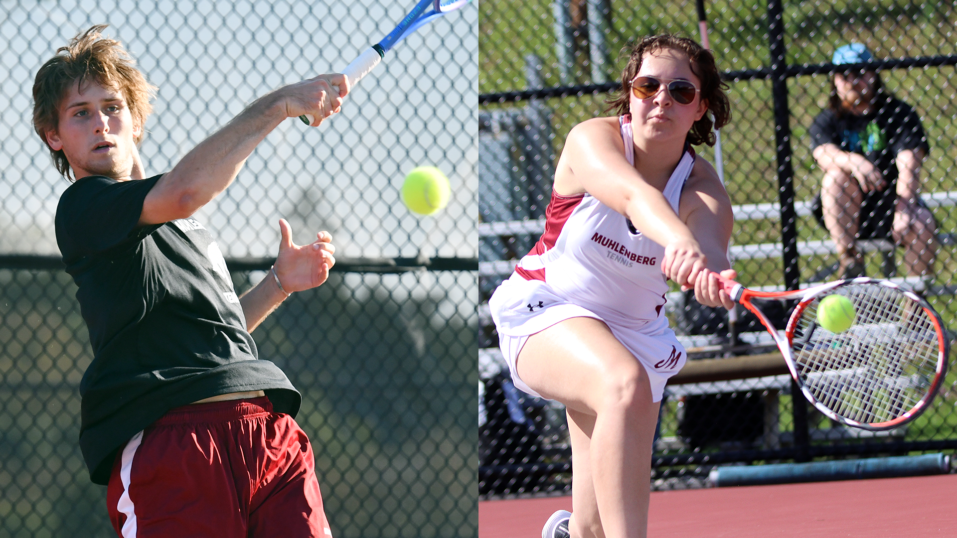 at left, a men's tennis player in a black t-shirt and red shots hitting a forehand, and at right, a women's tennis player in a white top and skirt hitting a backhand