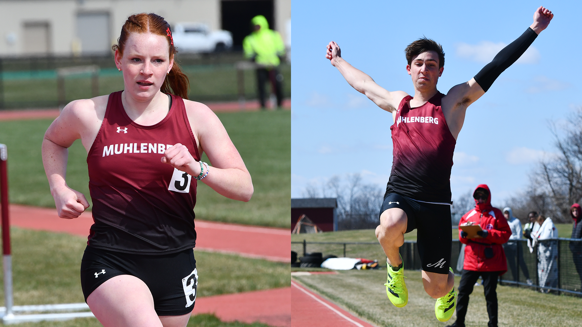 at left, a women's runner in a red jersey and black shorts, and at right, a men's long jumper in a red jersey and black shorts in flight