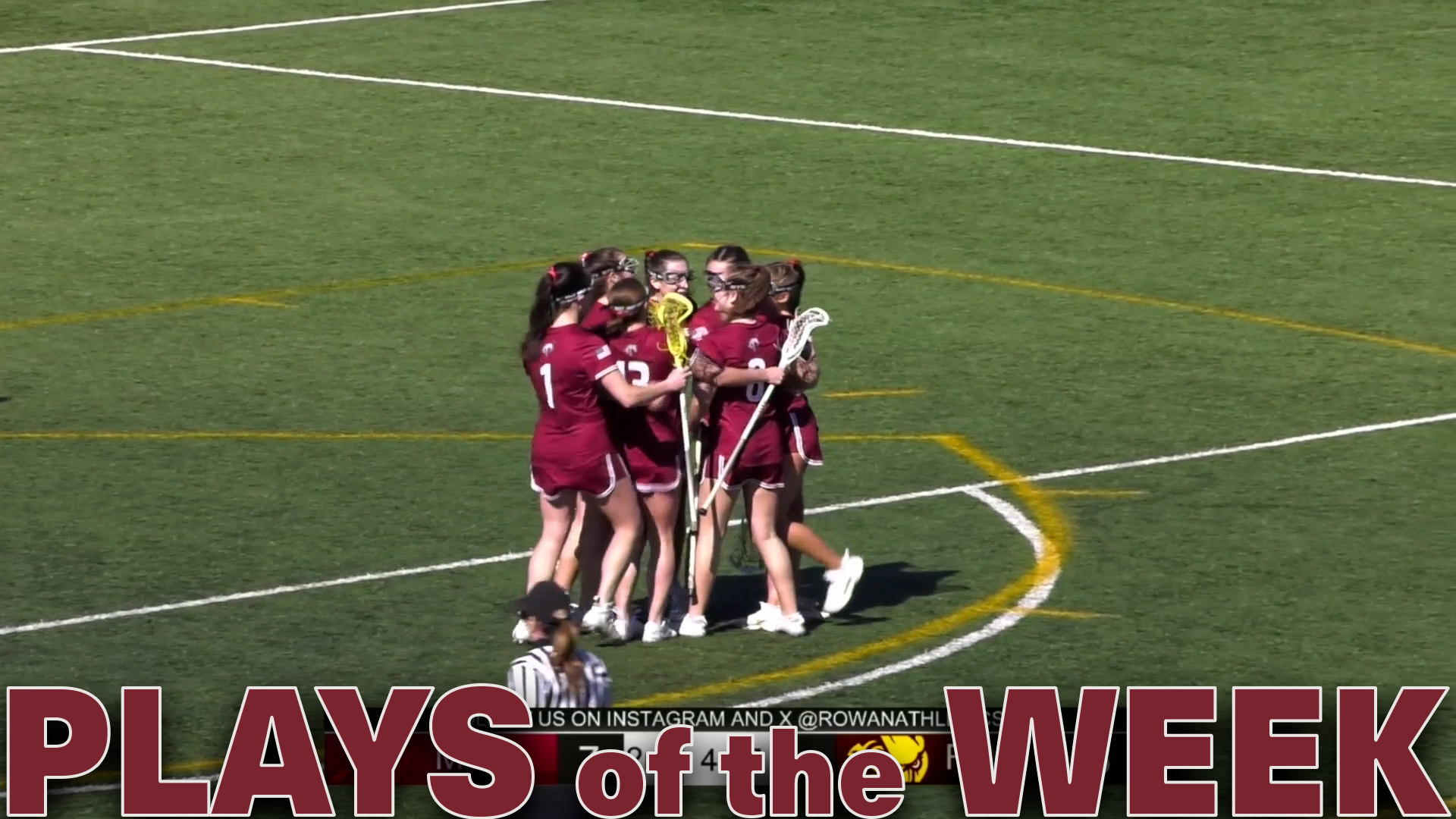 women's lacrosse players in red jerseys celebrate a goal, with the text Plays of the Week in red at the bottom