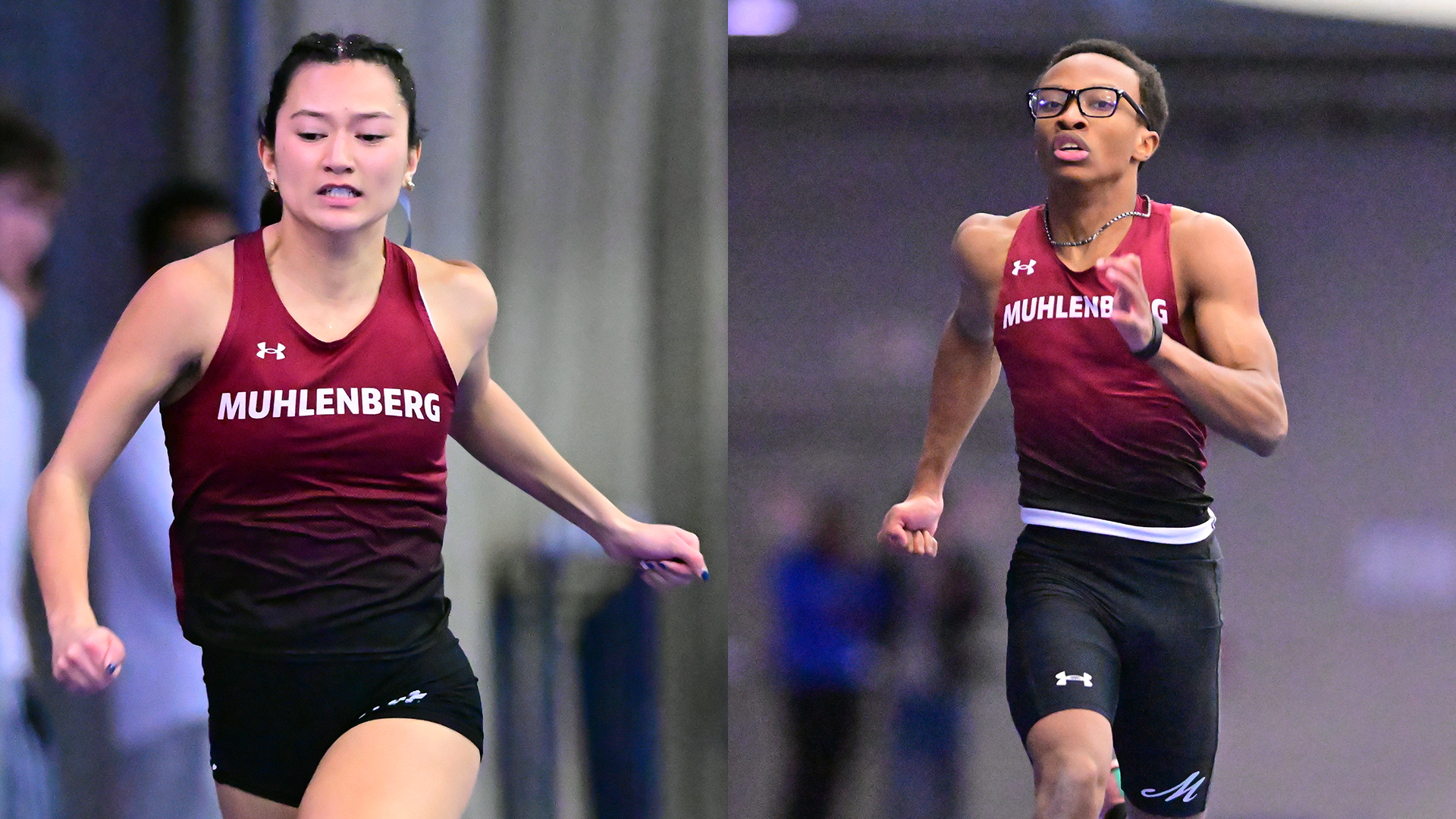 a female and a male running indoors, both with red jersey with Muhlenberg across the chest