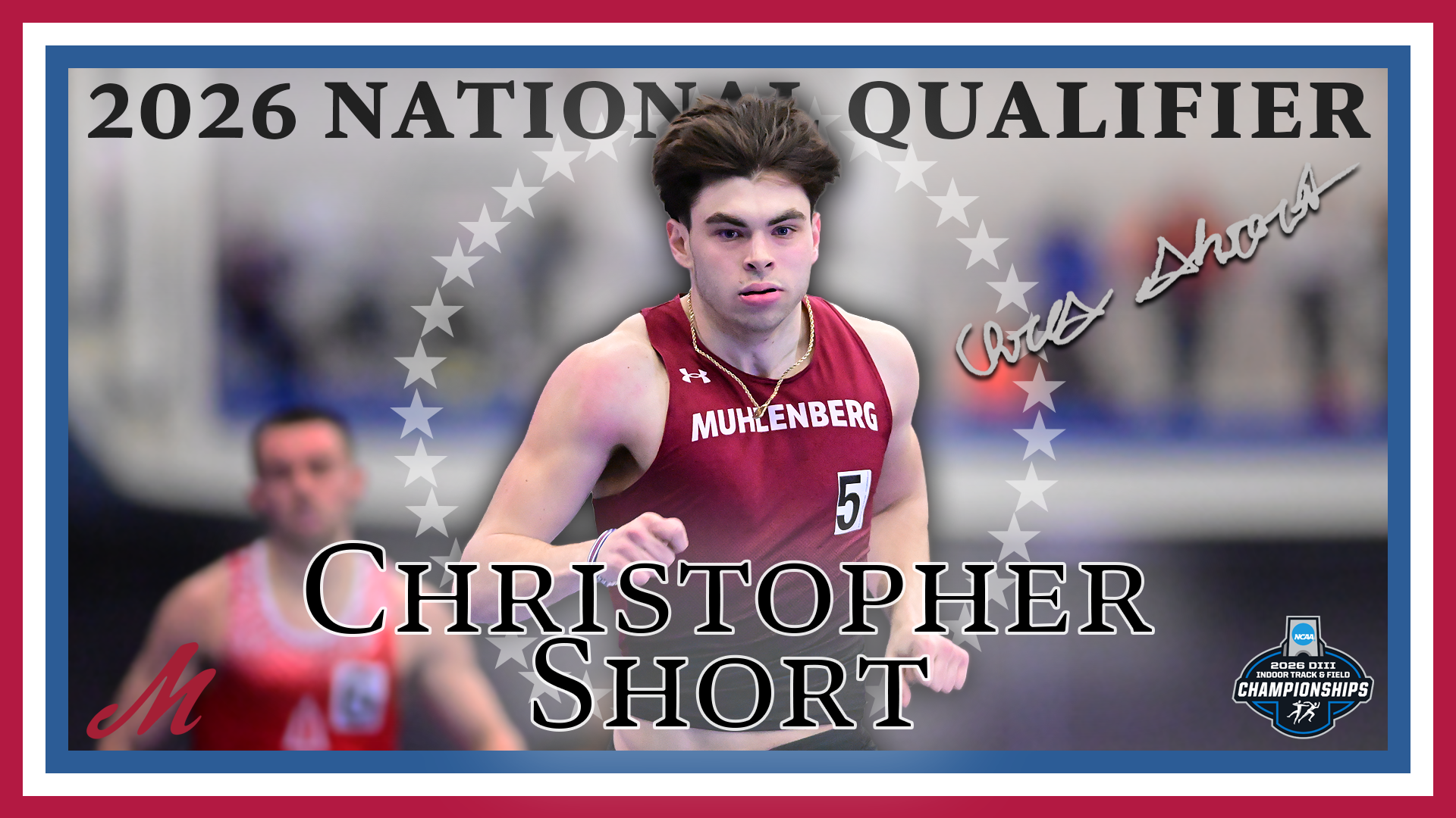 a graphic showing a runner in a red top with the text 2026 NATIONAL QUALIFIER at the top and CHRISTOPHER SHORT at the bottom, bounded by a red, white, and blue border
