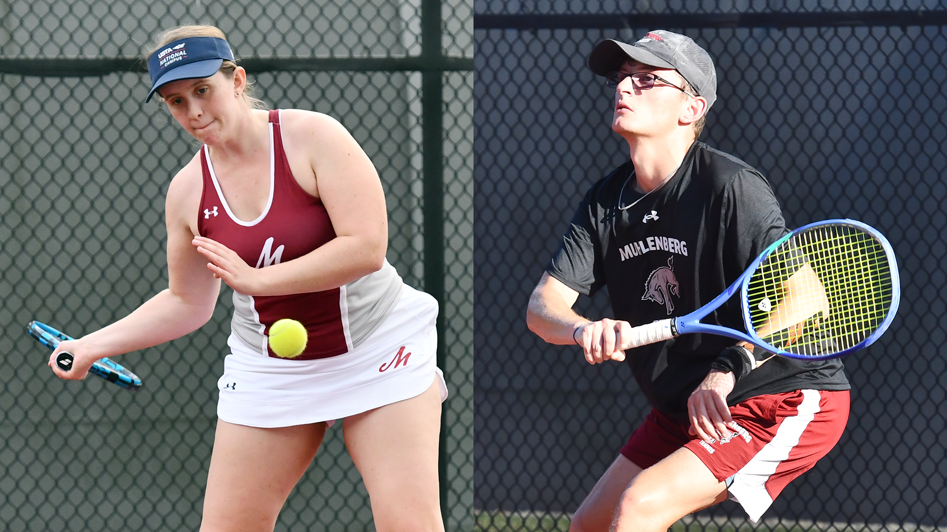 at left, a women's tennis player in a red jersey and white skirt lining up a forehand and at right, a men's tennis player in a black hat, black shirt and red shorts following through on a forehand