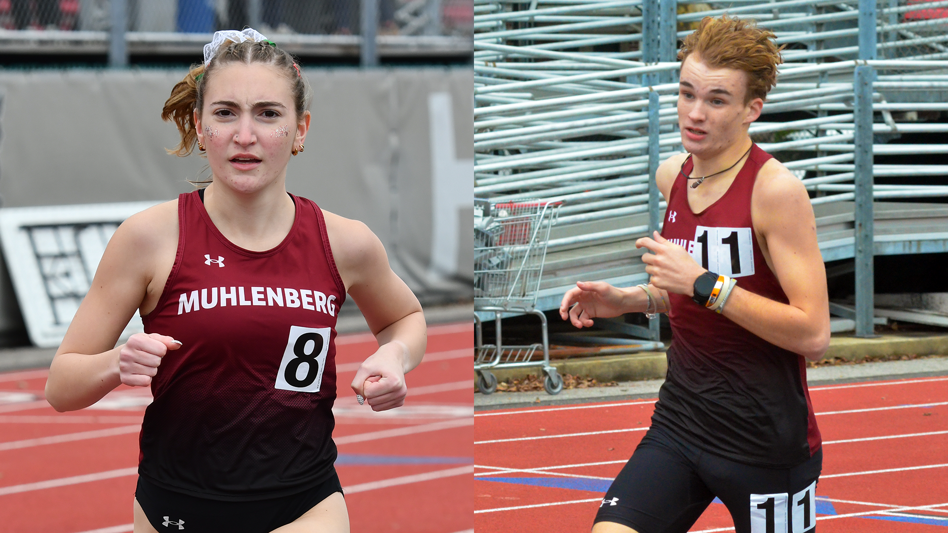 at left, a female track runner in a red uniform and black shorts, and at right, a male track runner in a red uniform and black shorts