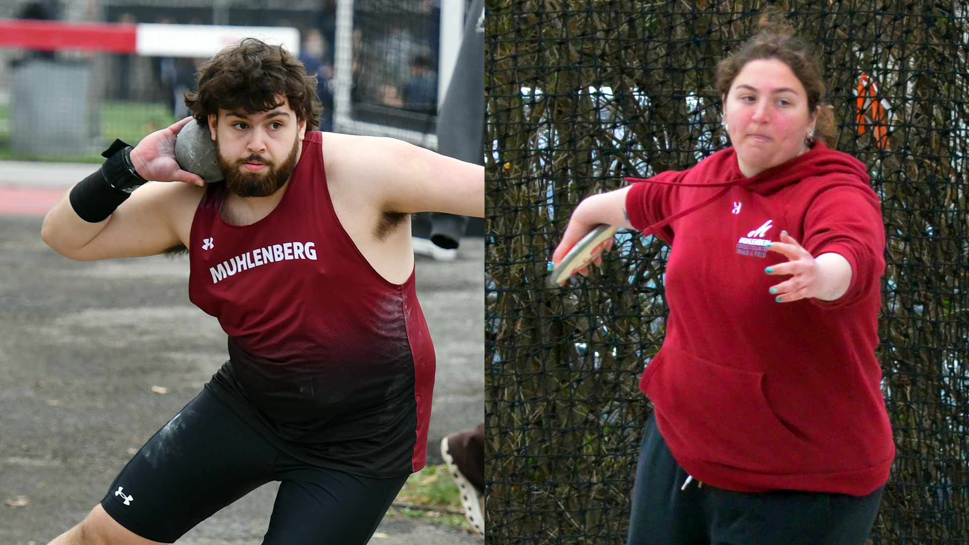 at left, a male shot putter in a red uniform, and at right, a female discus thrower in a red sweatshirt