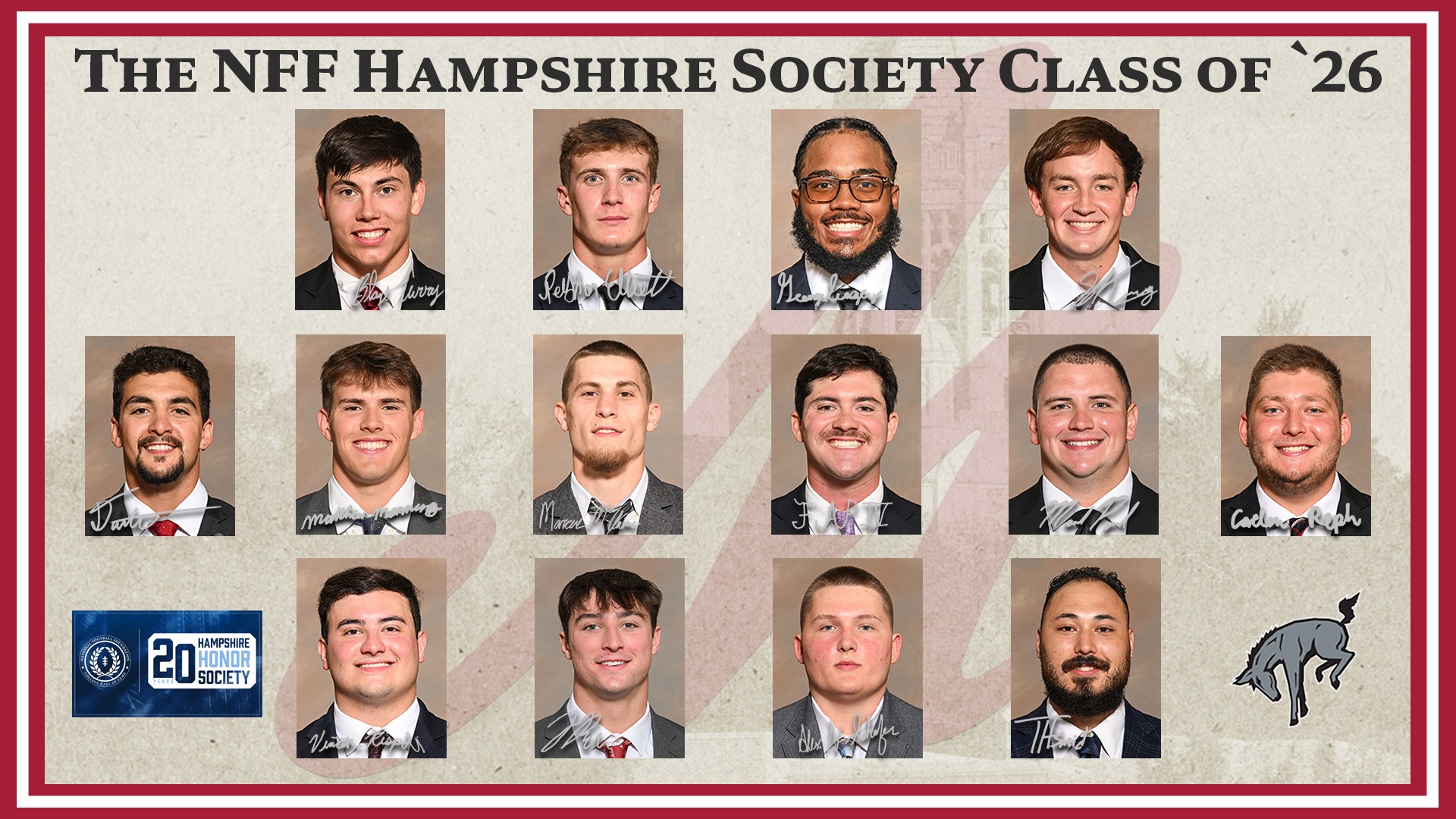 head shots of 14 men in jacket and tie, arranged in three rows, against a light textured background with a red border
