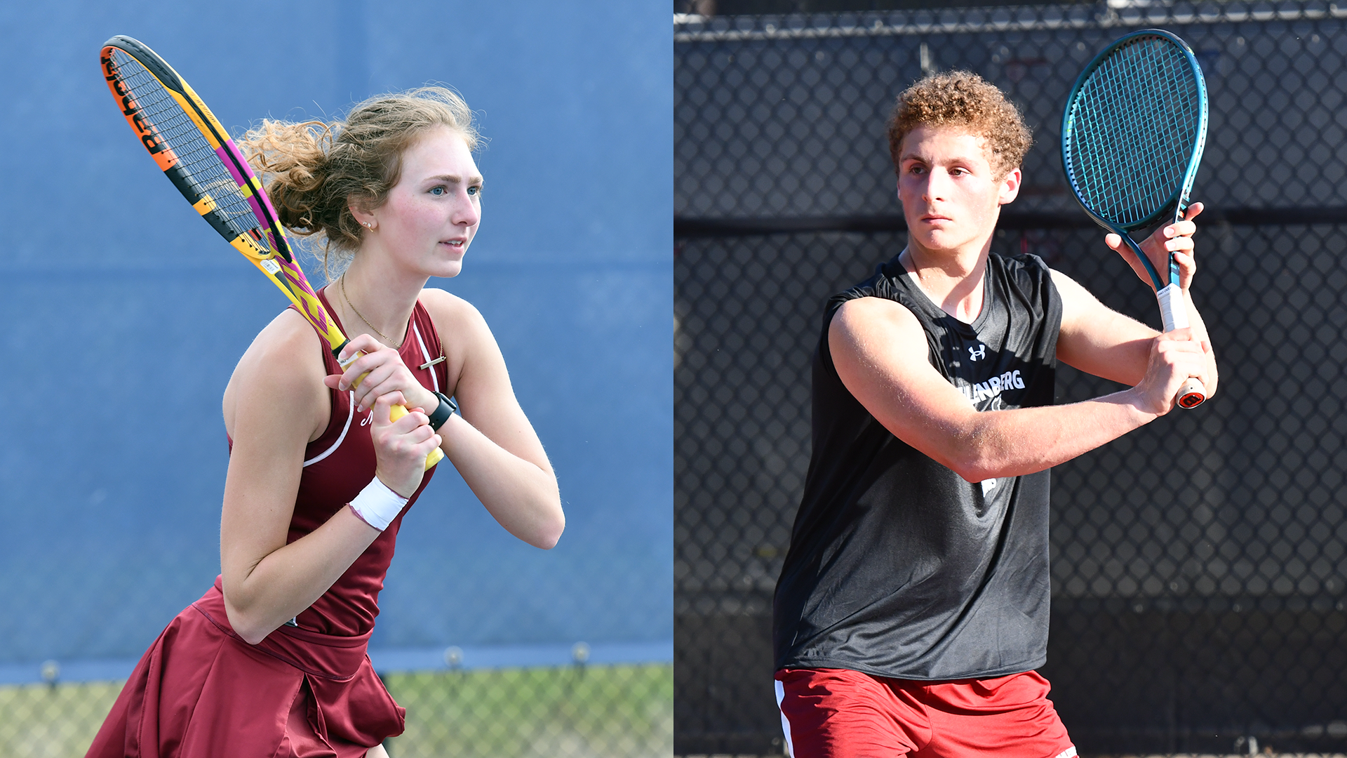 at left, a women's tennis player in a red uniform following through on a two-handed backhand, and at right, a men's player in a black t-shirt and red shorts lining up a backhand