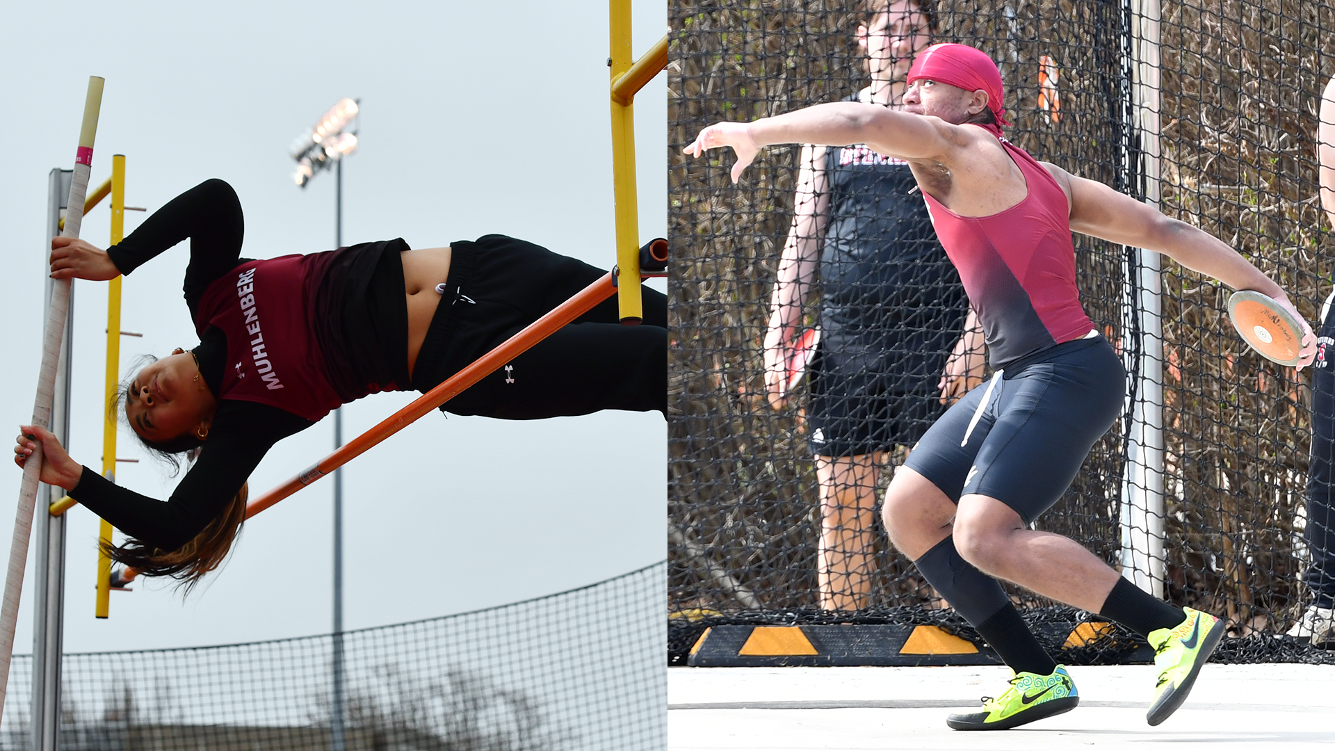 at left, a female pole vaulter in a red jersey clearing the bar, and at right, a male discus thrower about to throw