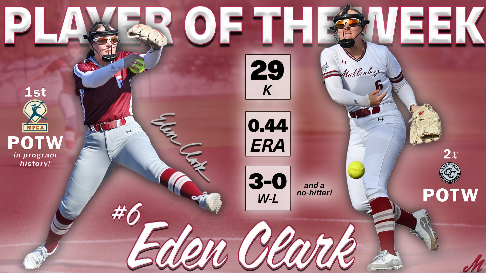Two cutouts of a softball pitcher mid-windup rest on a red background with the words player of the week at the top. 