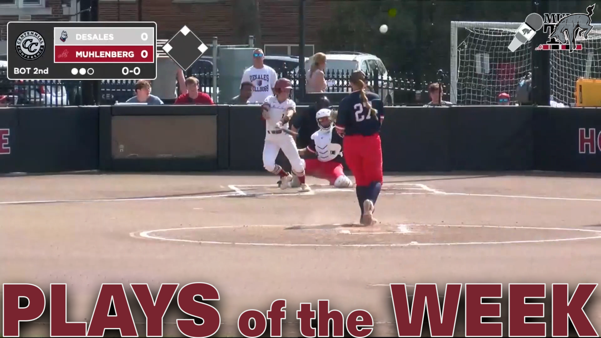 a left-handed softball batter in a white uniform hitting a pitch thrown by a pitcher in a blue top and red pants, with the text Plays of the Week in red at the bottom