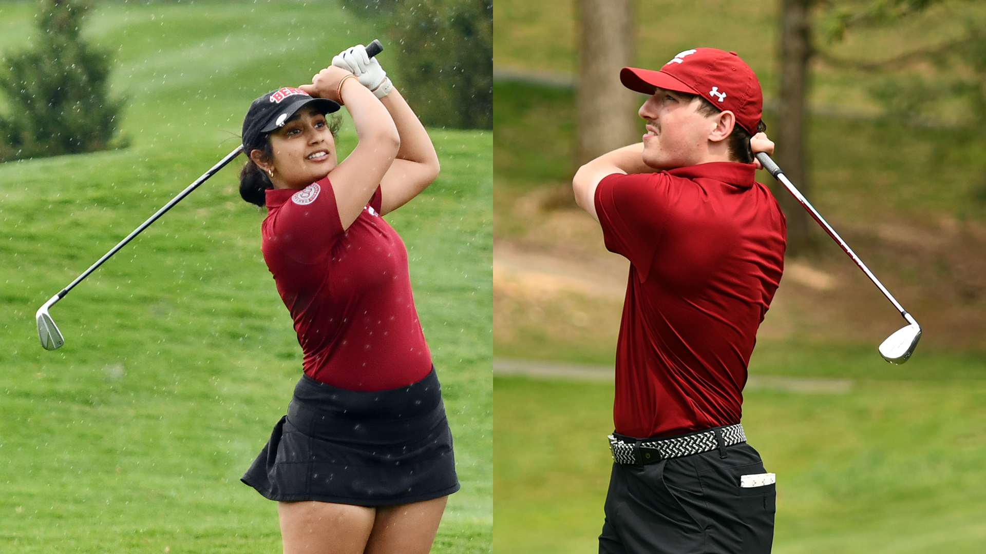 golfers in red shirts following through on their swings, a women's golfer at left and a men's golfer at right