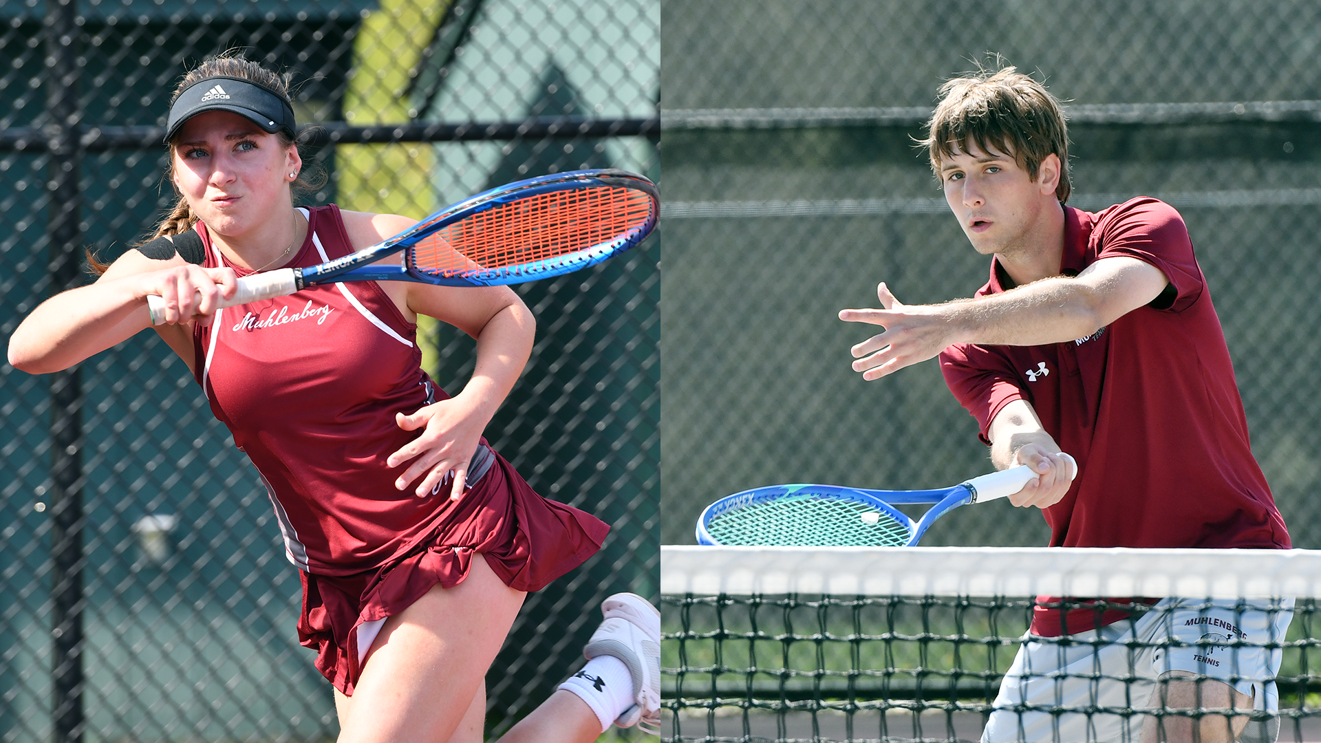 at left, a women's tennis player in a red uniform following through on a forehand, and at right, a men's tennis player in a red shirt and white shorts volleying at the net