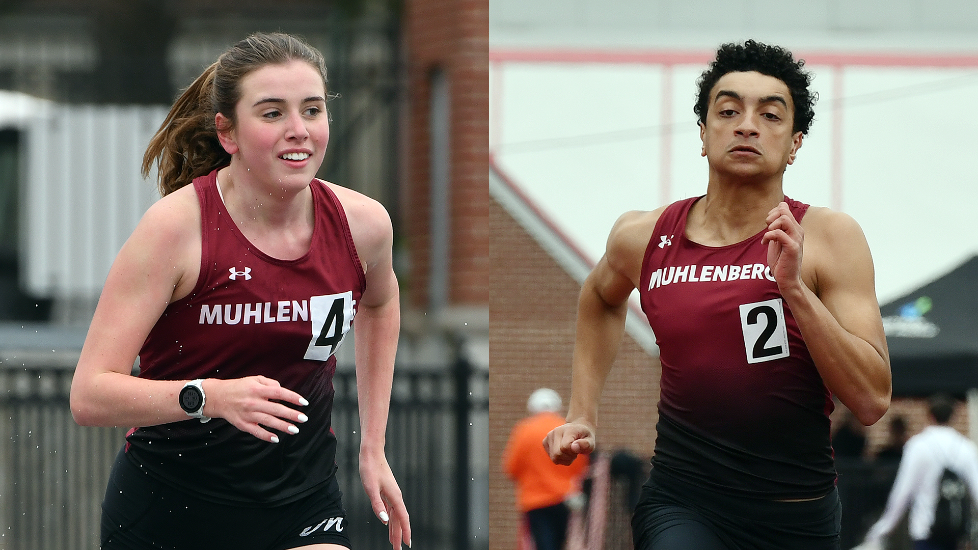 runners on the track in red jerseys and black shorts, a women's runner on the left and a men's runner on the right