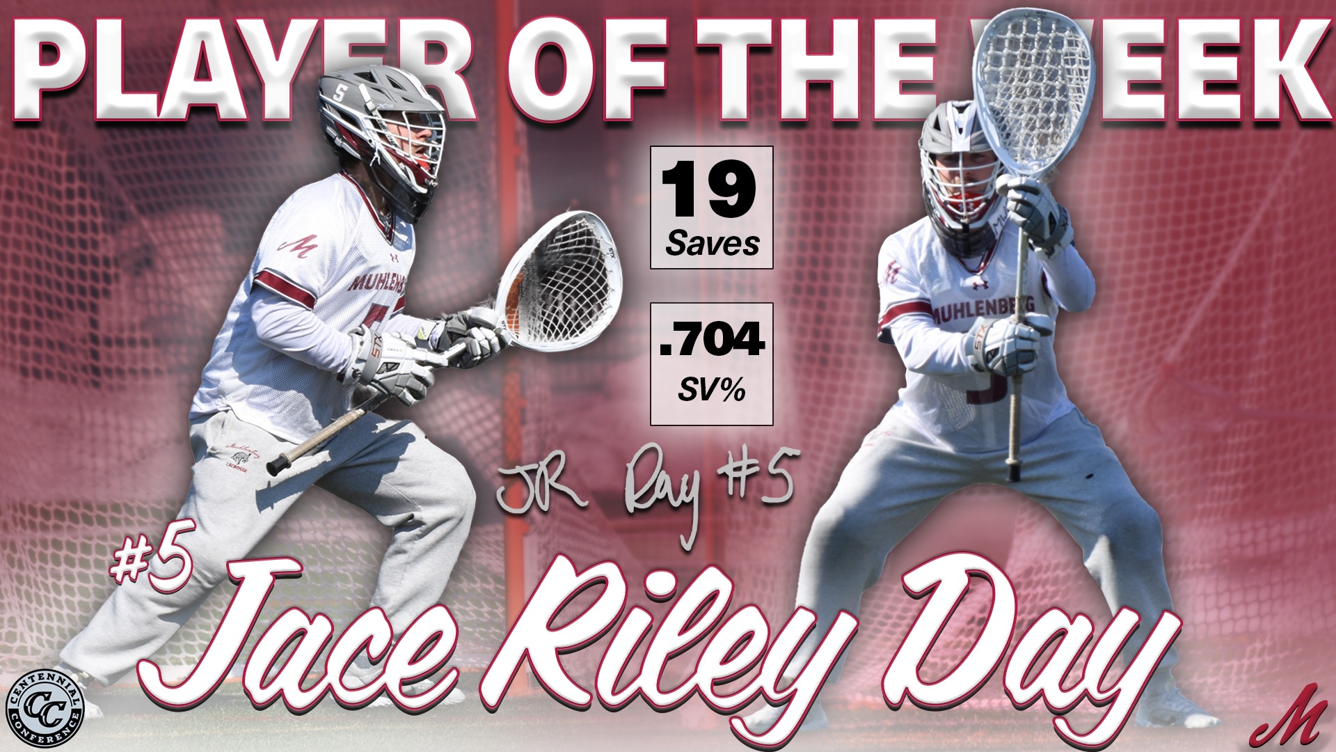 Two cutouts of a men's lacrosse goalie superimposed on a red and white background 
