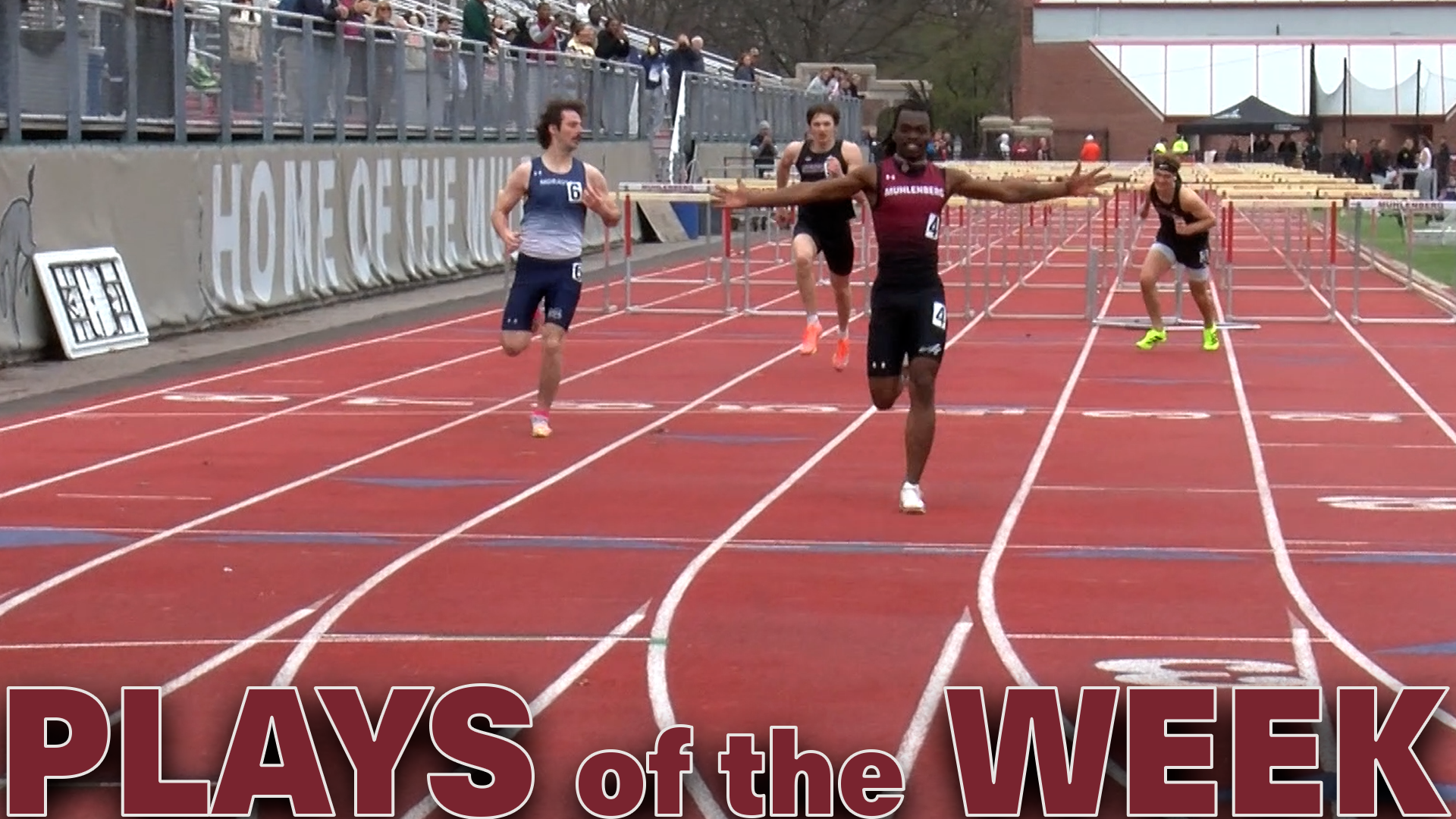 a track runner in a red top and black short extending his arms out after winning a race, with the text Plays of the Week in red at the bottom