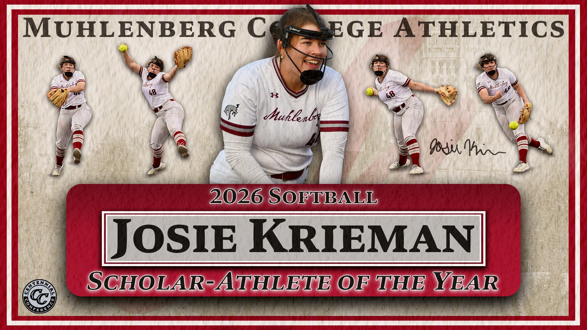 a graphic celebrating Muhlenberg softball player Josie Krieman as the 2026 Scholar-Athlete of the Year, featuring multiple action images of her.
