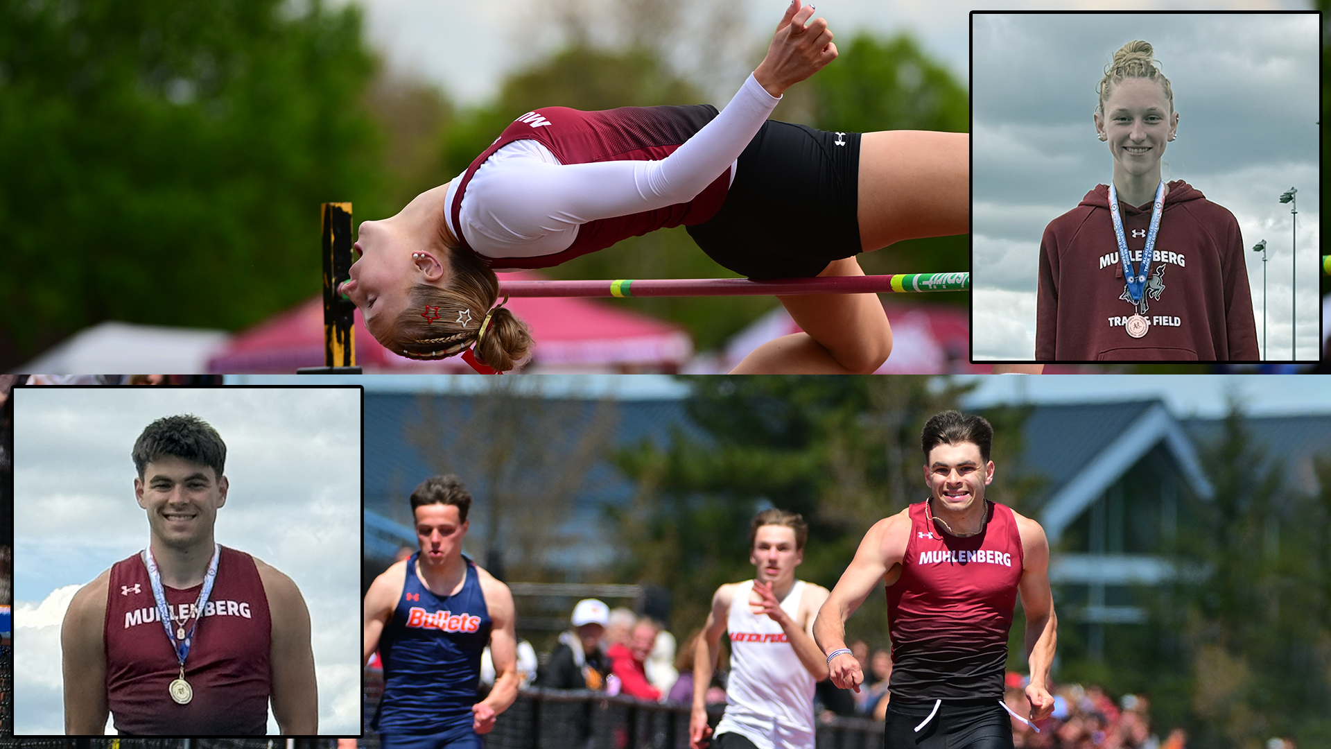 at top, a female high jumper in a red uniform, and at bottom, a male sprinter in a red uniform, with pictures of both wearing medals superimposed