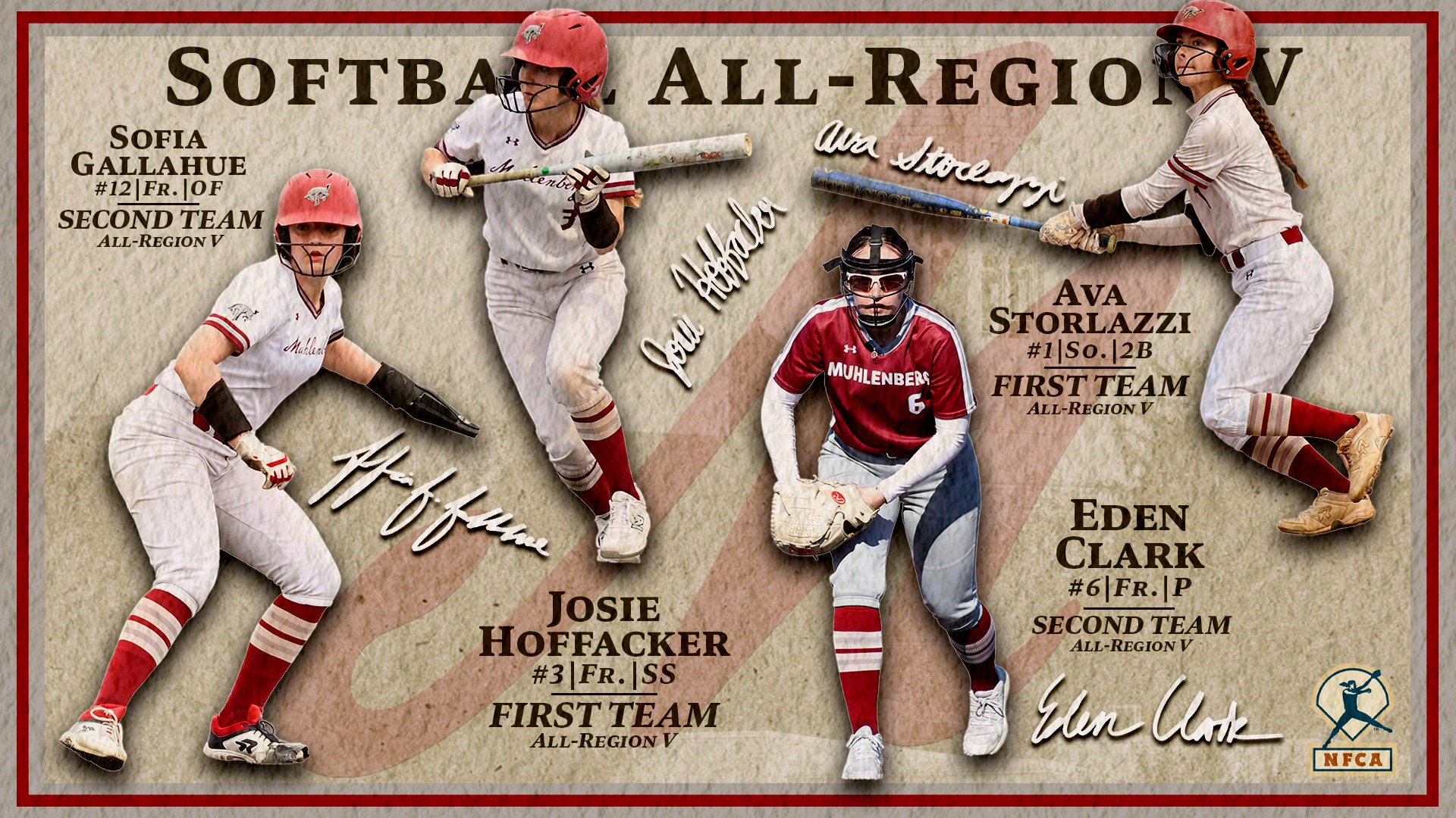 A graphic featuring Muhlenberg softball players with their names and respective all-region V honors listed. 