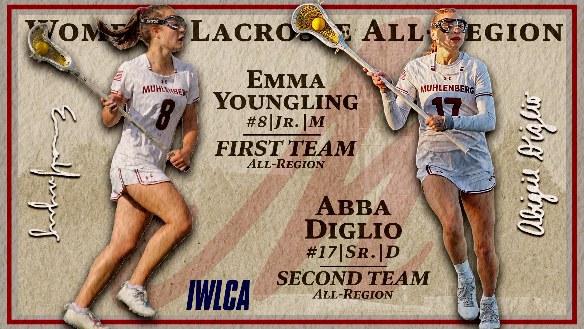 A graphic highlighting Muhlenberg women’s lacrosse All-Region selections, with Emma Youngling named First Team and Abba Diglio earning Second Team honors.