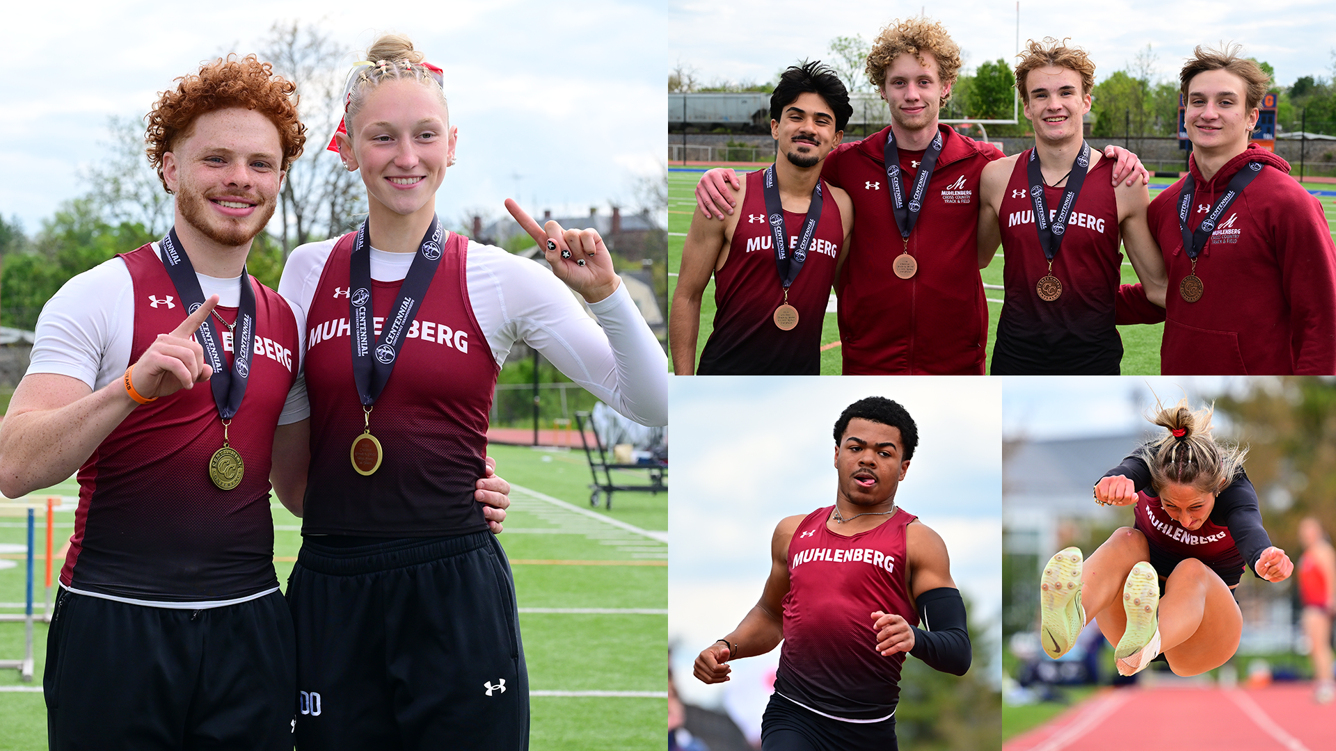 at left, two athletes wearing gold medals signaling #1 with their index fingers, at top right, four men's runners with medals around their necks, at bottom right, a women's jumper and a men's runner