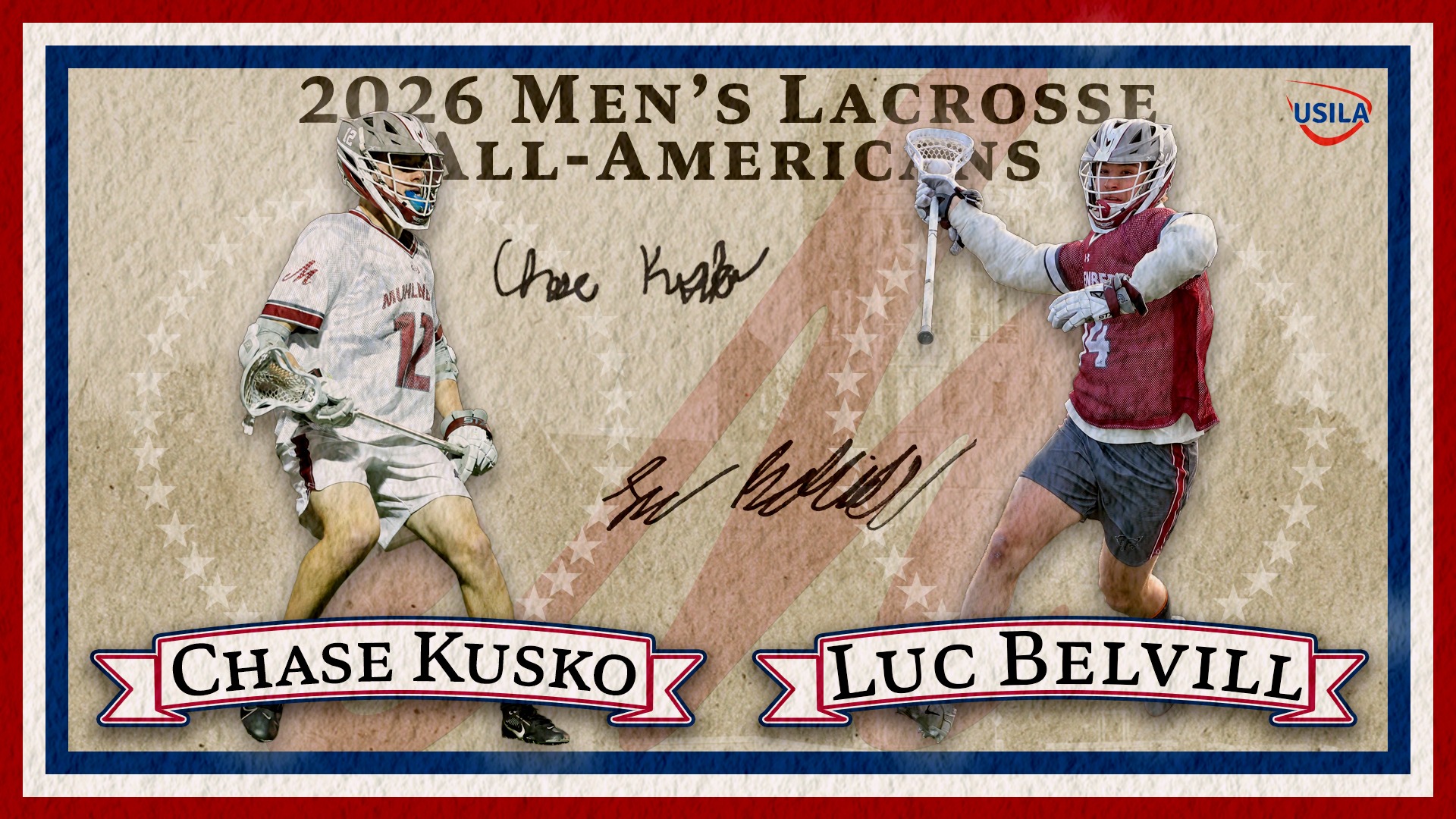 A graphic announcing Muhlenberg men’s lacrosse All-Americans, featuring Chase Kusko and Luc Belvill in action poses with their names prominently displayed.
