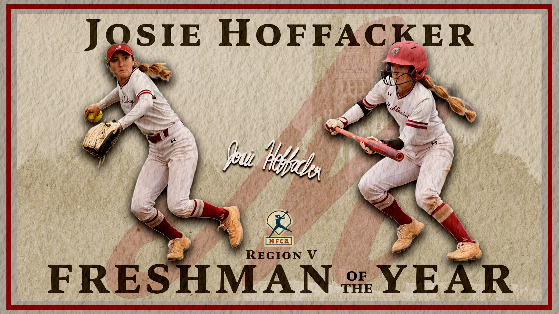 two cutouts of a softball player, one throwing a ball and one bunting, against a light textured background with the centered text Josie Hoffacker in black at the top and Freshman of the Year at the bottom 