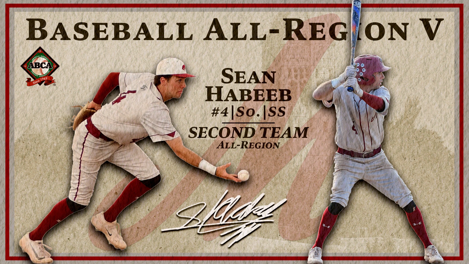 A graphic highlighting Muhlenberg baseball player Sean Habeeb earning Second Team All-Region V honors, featuring action photos of him fielding and batting in a white and maroon uniform against a textured background.
