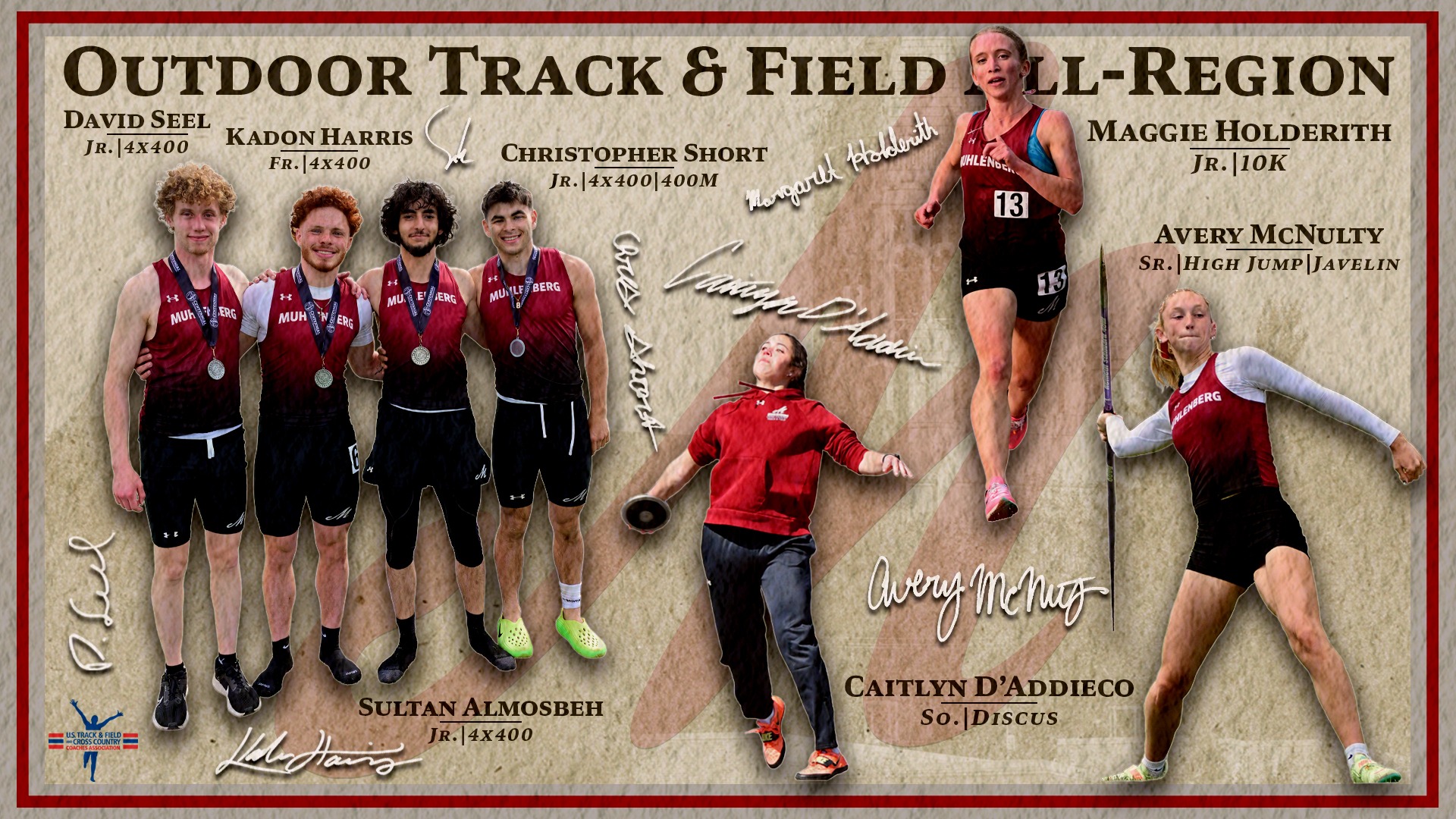 A graphic highlighting Muhlenberg outdoor track and field All-Region honorees, featuring relay team members David Seel, Kadon Harris, Sultan Almosbeh, and Christopher Short alongside Caitlyn D’Addieco, Maggie Holderith, and Avery McNulty in action poses.
