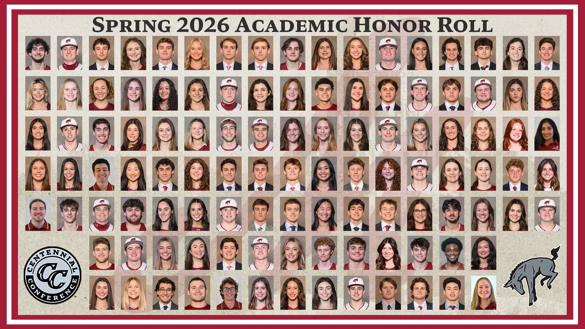 a graphic with 11 head shots, in 5 rows of 17 and 2 rows of 13, against a light textured background with a red and white border and the text Spring 2026 Academic Honor Roll in black at the top