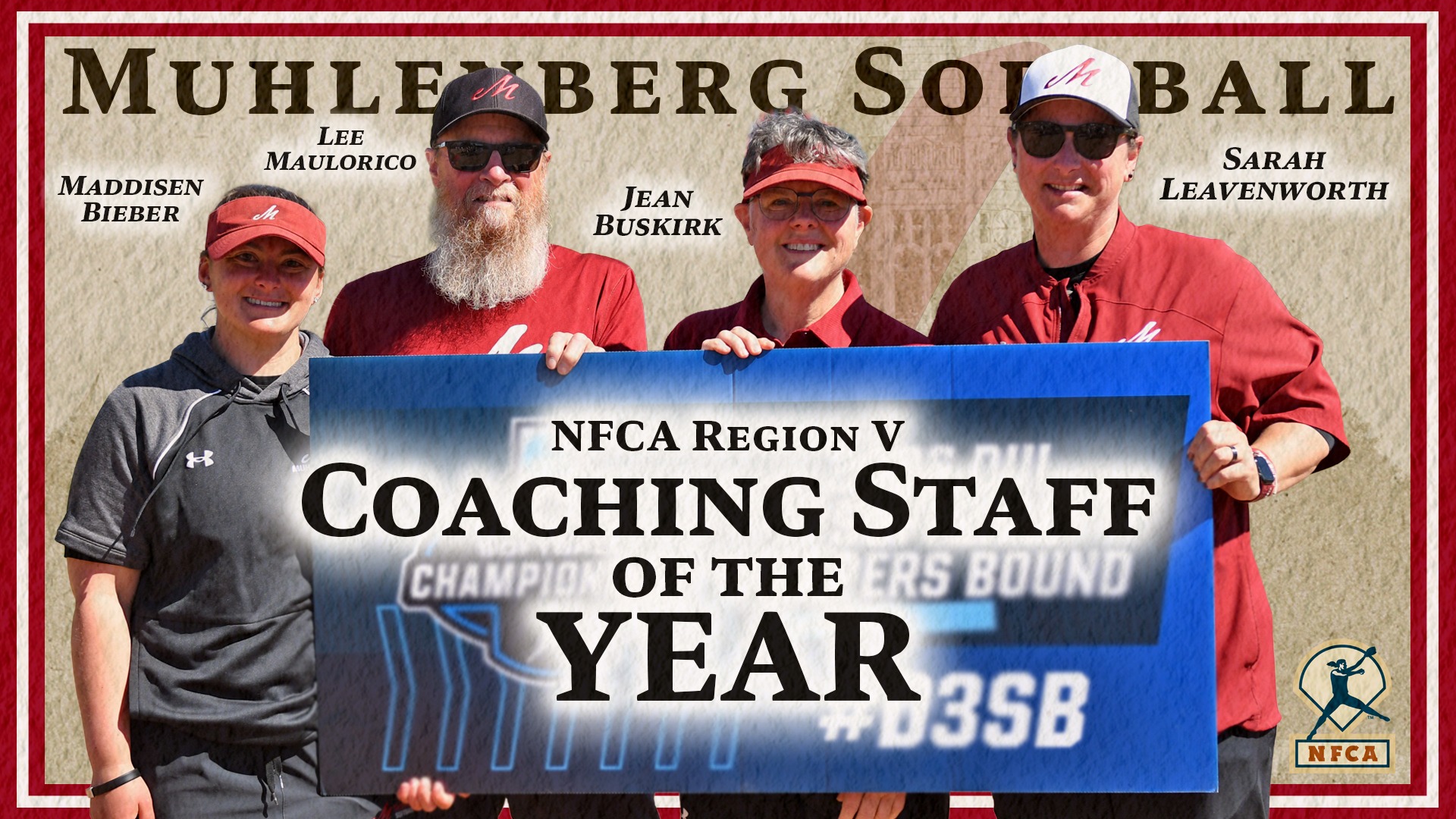 four softball coaches holding up a blue banner, overlaid by the text NFCA Region V Coaching Staff of the Year in black