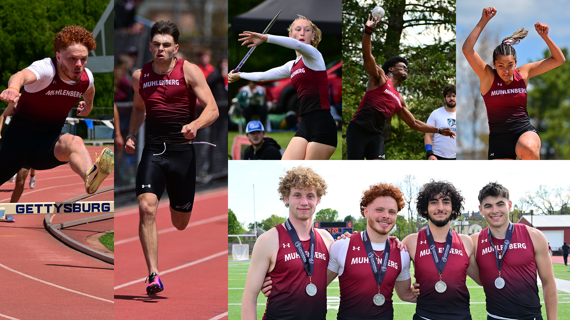 from left, a men's hurdler, a men's runner, a women's javelin thrower, a men's shot putter, a women's long jumper, and four men in red jerseys wearing silver medals