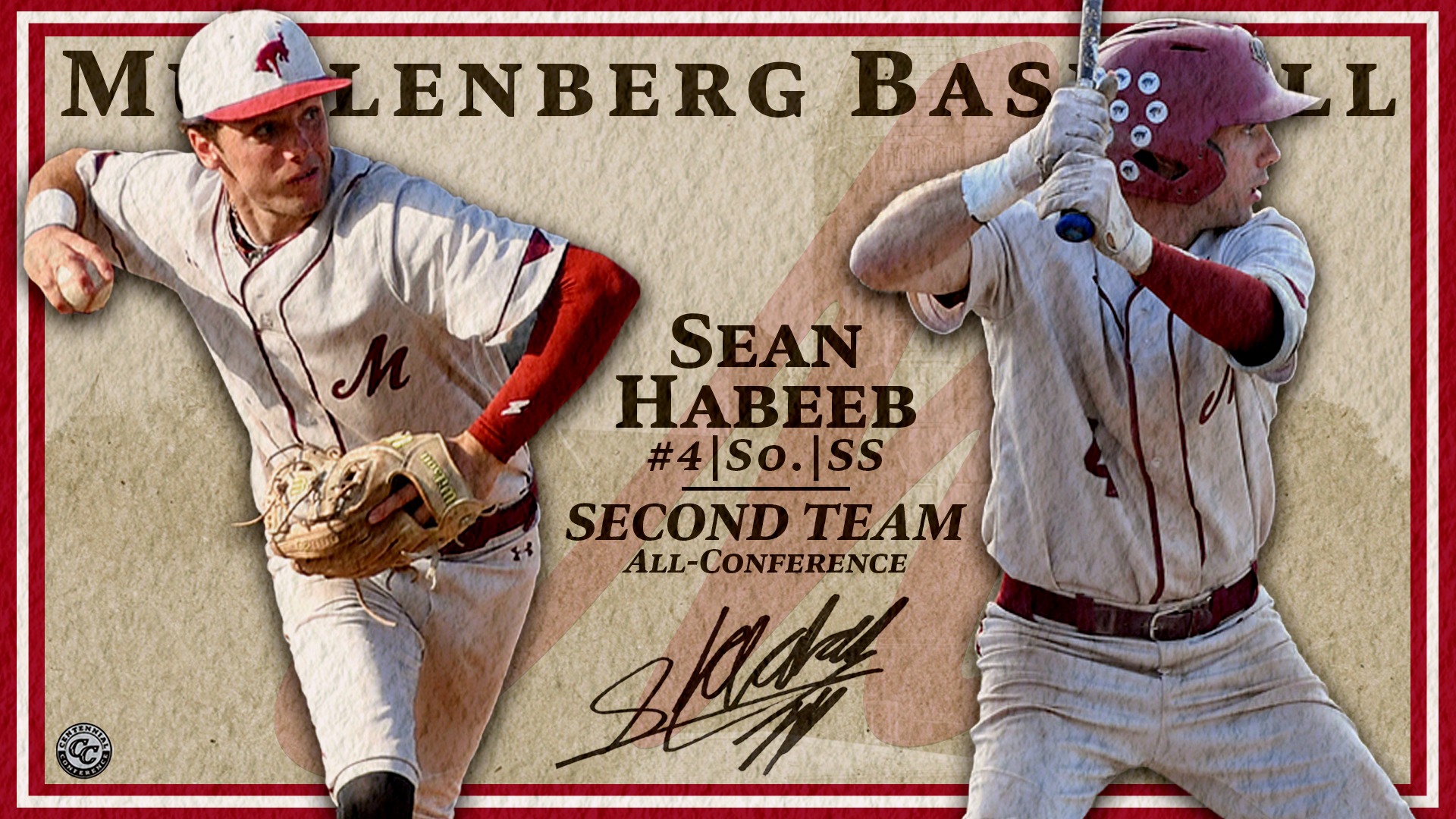  A graphic highlighting Muhlenberg baseball All-Conference honoree Sean Habeeb, featuring him in action poses with his name, position, and award listed.