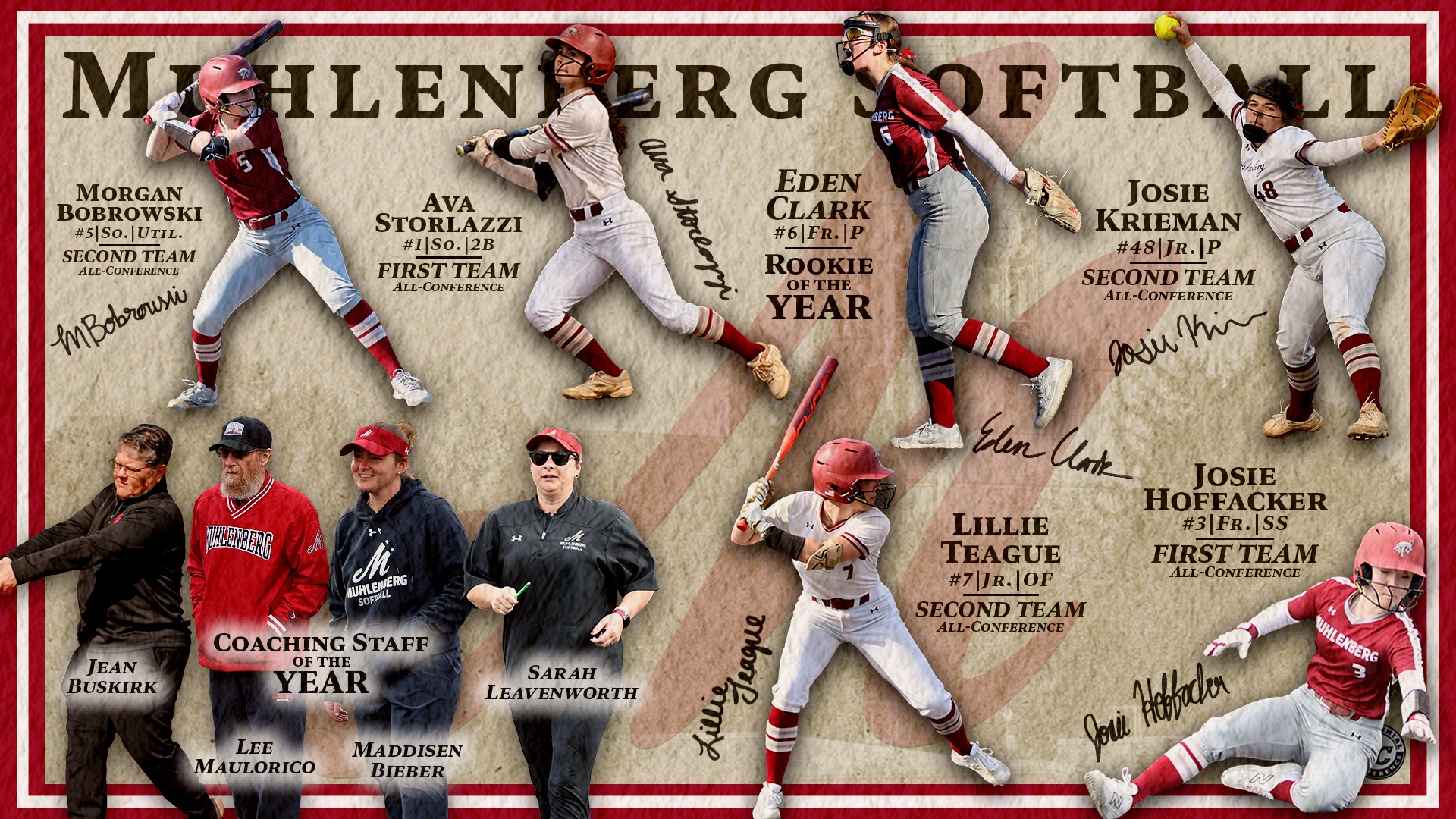 A graphic highlighting Muhlenberg softball All-Conference honorees and coaching staff, featuring players in action poses with their names, positions, and awards listed.