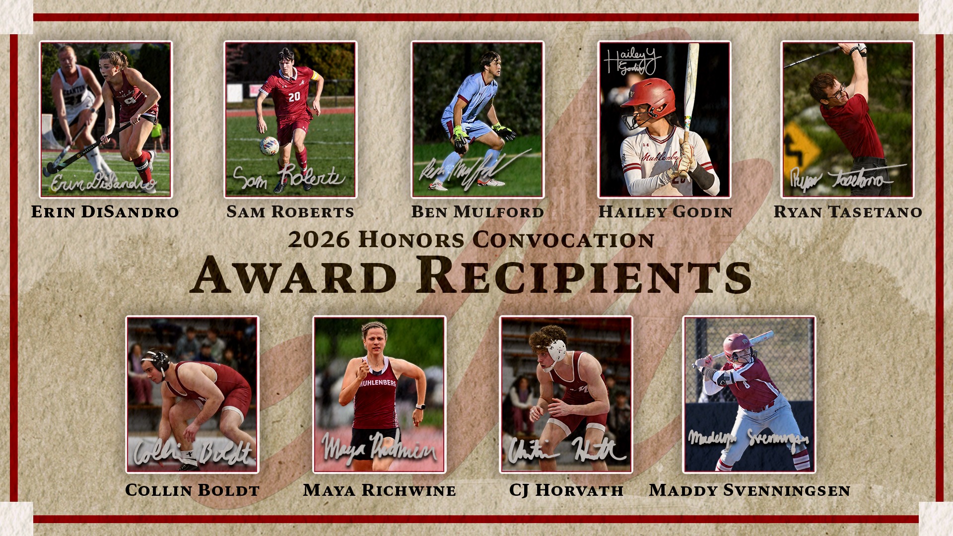 collage of Muhlenberg College 2026 award recipients featuring athletes from various sports with their names and action photos against a light textured background